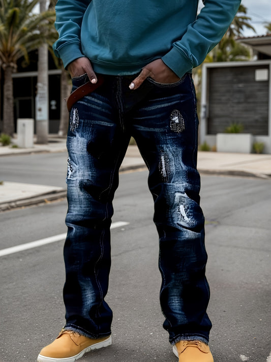 2025 New Men'S Slim-Fit Straight Leg Faux Denim - Stretch Soft Faux Denim Pants with Elastic Waist & Built-In Zipper Closure, All-Season Comfort, Classic Blue Washed Casual Trousers for Casual Attire, Office & Semi-Formal Out