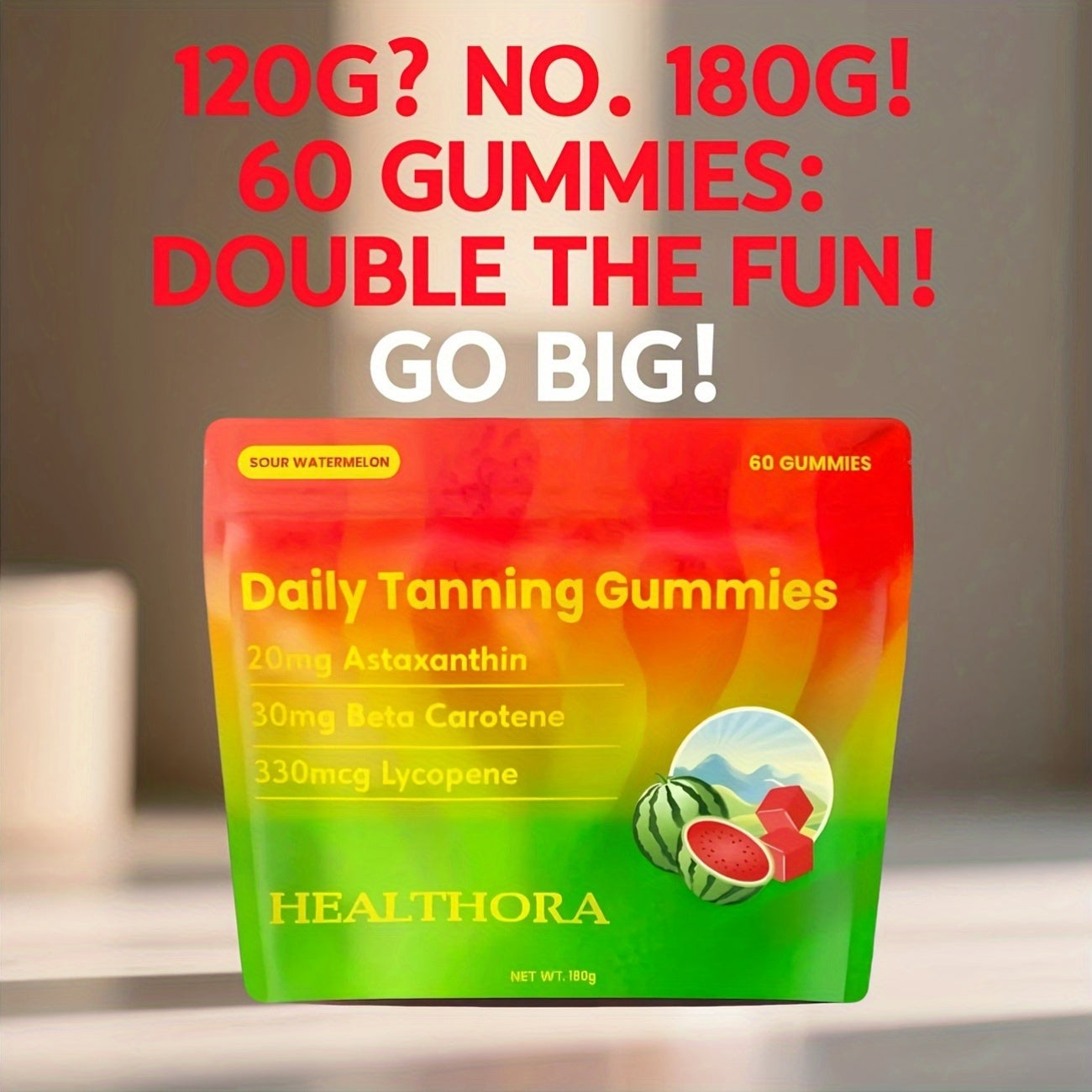 60 Daily Tanning Gummies with Astaxanthin, Tomato Lycopene & Beta-Carotene - 30-Day Supply, Hypoallergenic, 30mg Astaxanthin, 50mg Niacinamide, 125mg Cholecalciferol, 8000mg Beta Carotene, Summer Glow Supplement, Fruit Antiox