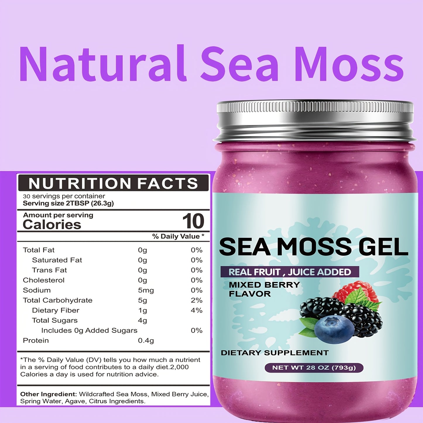 Premium Sea Moss Gel with Real Fruit Juice - Advanced Irish Sea Moss, Natural Vitamin & Mineral Supplement, 28oz, Mixed Berry Flavor (Blueberries, Raspberries), Hypoallergenic, Supports Healthy Eating, Food Additive | Modern