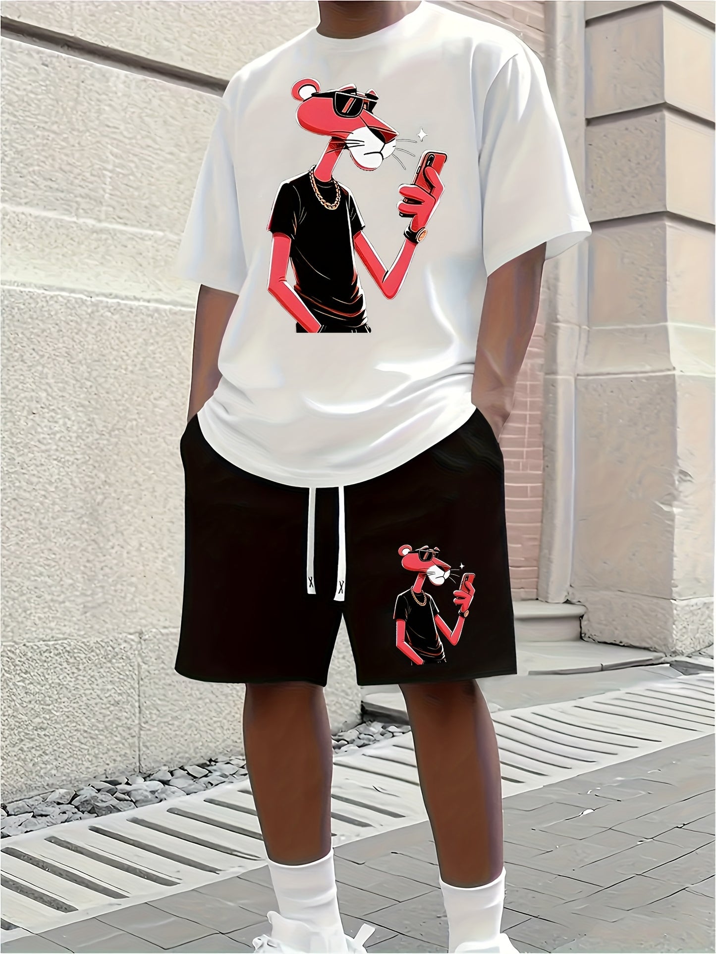 A Casual Sports Set Consisting of a Short-Sleeve T-Shirt Featuring a Stylish Pink Panther Cartoon Print And Fitted Shorts, Perfect for Spring And Summer Outfits.