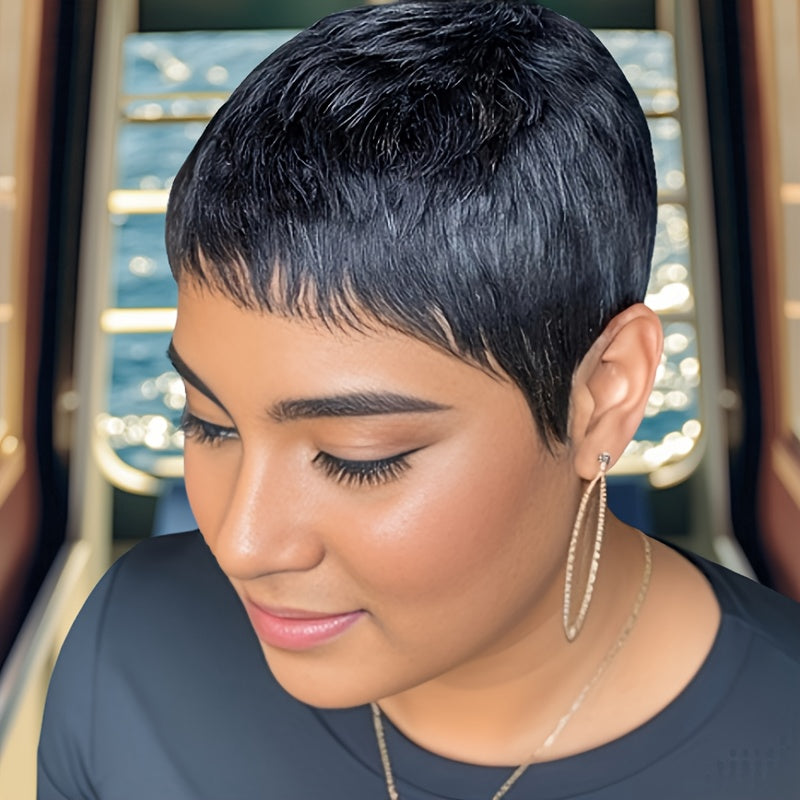Short Pixie Cut Wigs Human Hair Glueless - Looking Full Hair Density 150% with Curly Wave Texture, No Adhesive Needed for Instant Volume, Machine-Made Wig for Sensitive Scalp - Women ( Net)