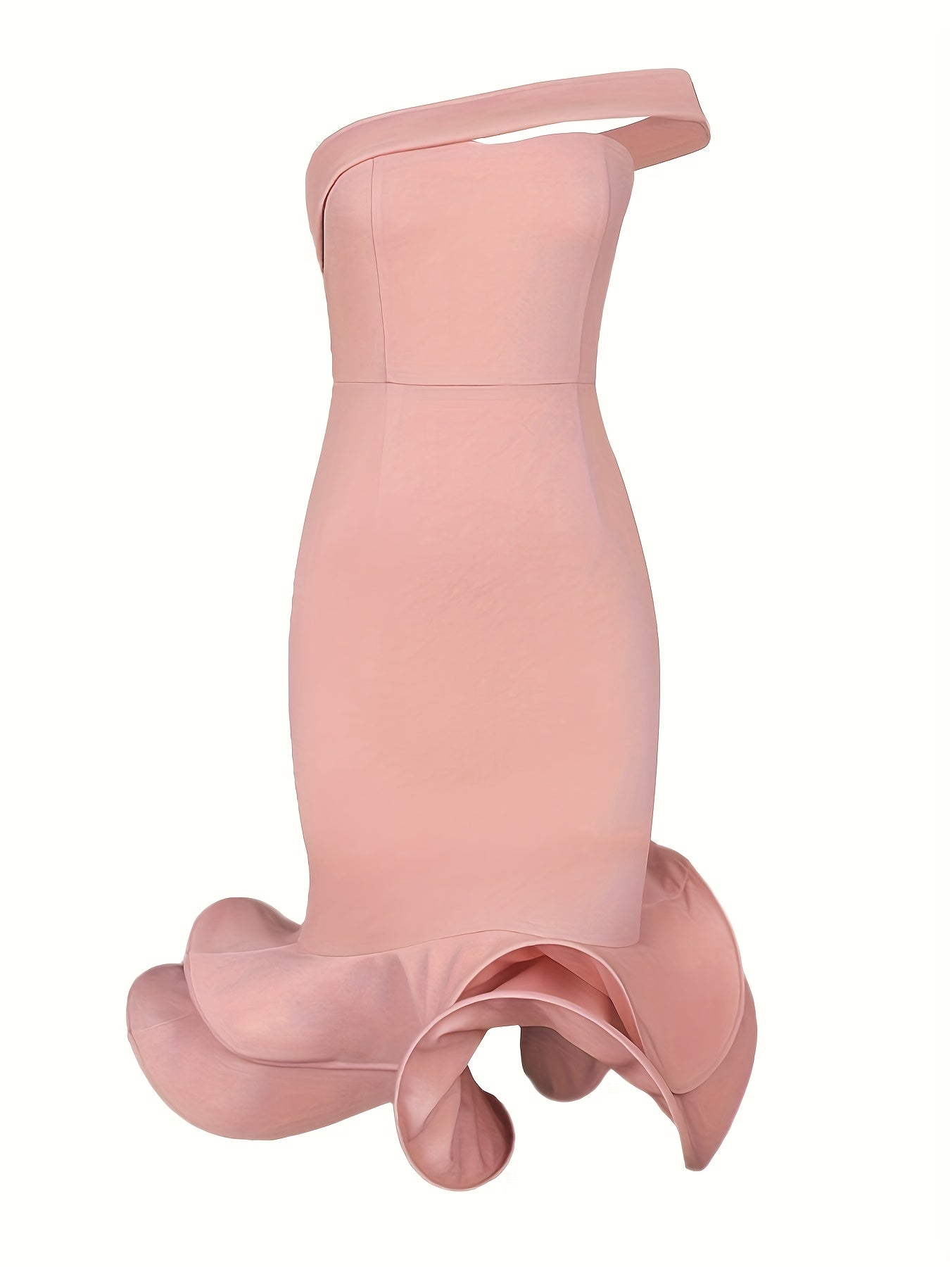 Elegant One-Shoulder Mermaid Evening Dress with Ruffle Hem - Slim Fit, Sleeveless, Pink, Perfect for Parties and Formal Events, Party Dress | Ruffle Hem Dress | Polyester Fabric