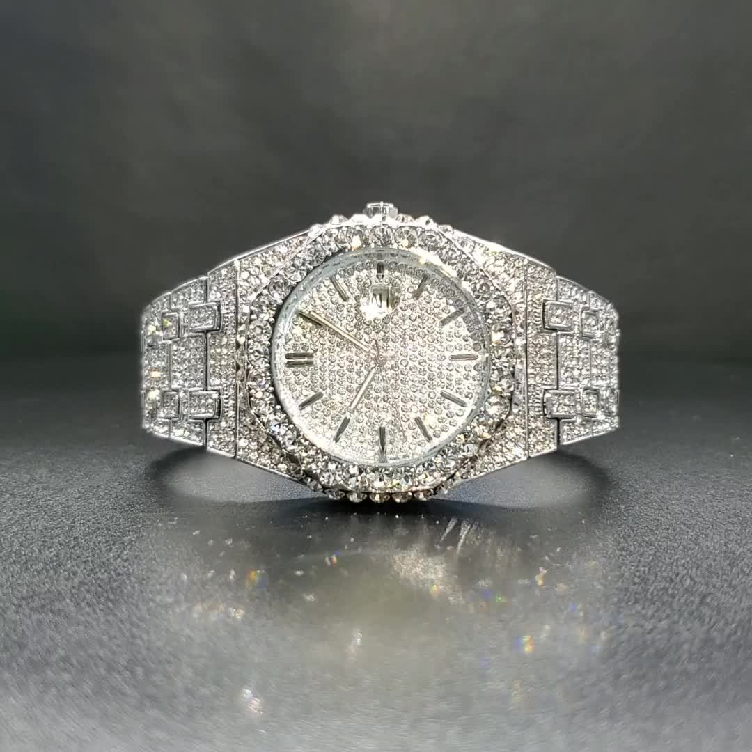 Hip Hop Ice Rhinestone Watch Men'S Fashion Date Quartz Large Dial Night Light Watch Luxury Stainless Steel Party Jewelry Men'S Watch
