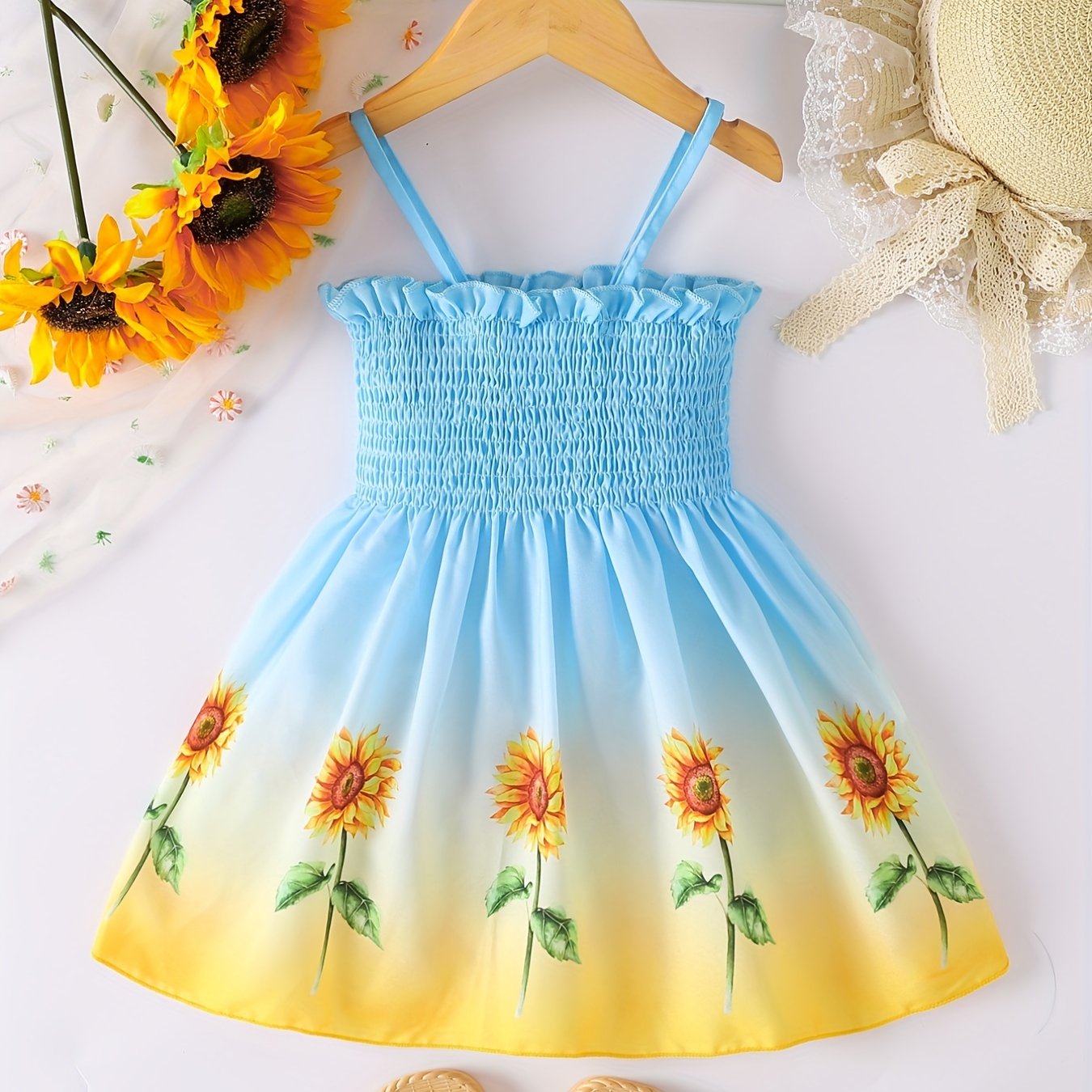 [Sunflower | Girls] Gradient Color Sunflower Princess Dress | Toddler Girls Shirred Cami Frill Trim | For Party Beach Vacation Kids Summer Clothes 4th Of July Outfit