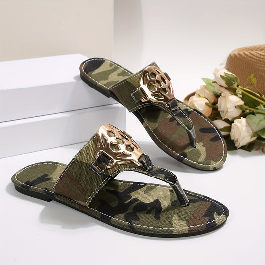 Women'S Fashionable Camouflage Flip Flops with Golden Buckle & Pearl Ankle Bracelet - Soft Rubber Sole, All-Season Comfort, Casual Sandals|Camouflage Design|Rubber Sole Sandals