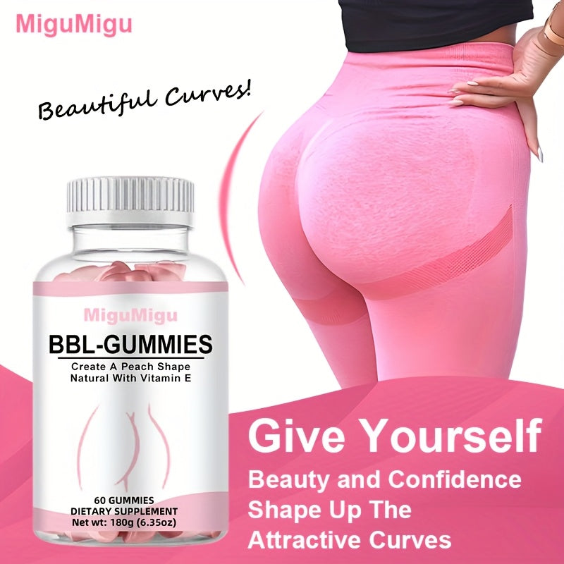 60pcs MIGUIGI BBL-GUMMIES Peach-Shaped Vitamin E Supplement Gummies for Women - Firming & Lifting, Fuller, Smoother Buttocks, Multi-Vitamin Enriched, BPA-Free, Delicious 30-Day Supply, Curve Enhancement|Peachshaped Gummies|Ta