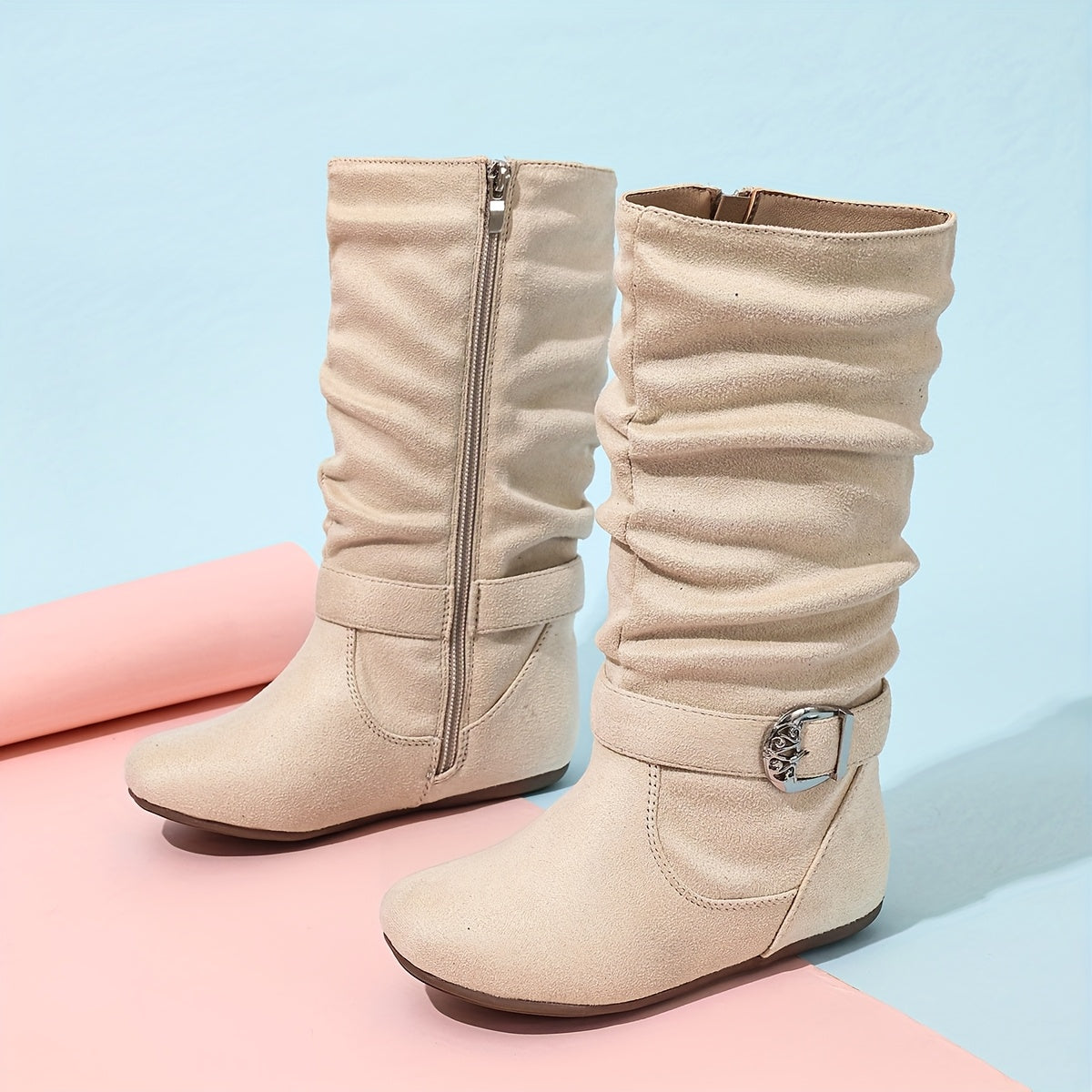 Ruffled Boot Cuffs with Decorative Buckle & Tassel, Flatter Round Toe Zipper Closure, Comfortable Fabric Lining, Casual Everyday Schoolgirl Boots for Girls - All-Season Versatile Mid-Calf (14 & Under)