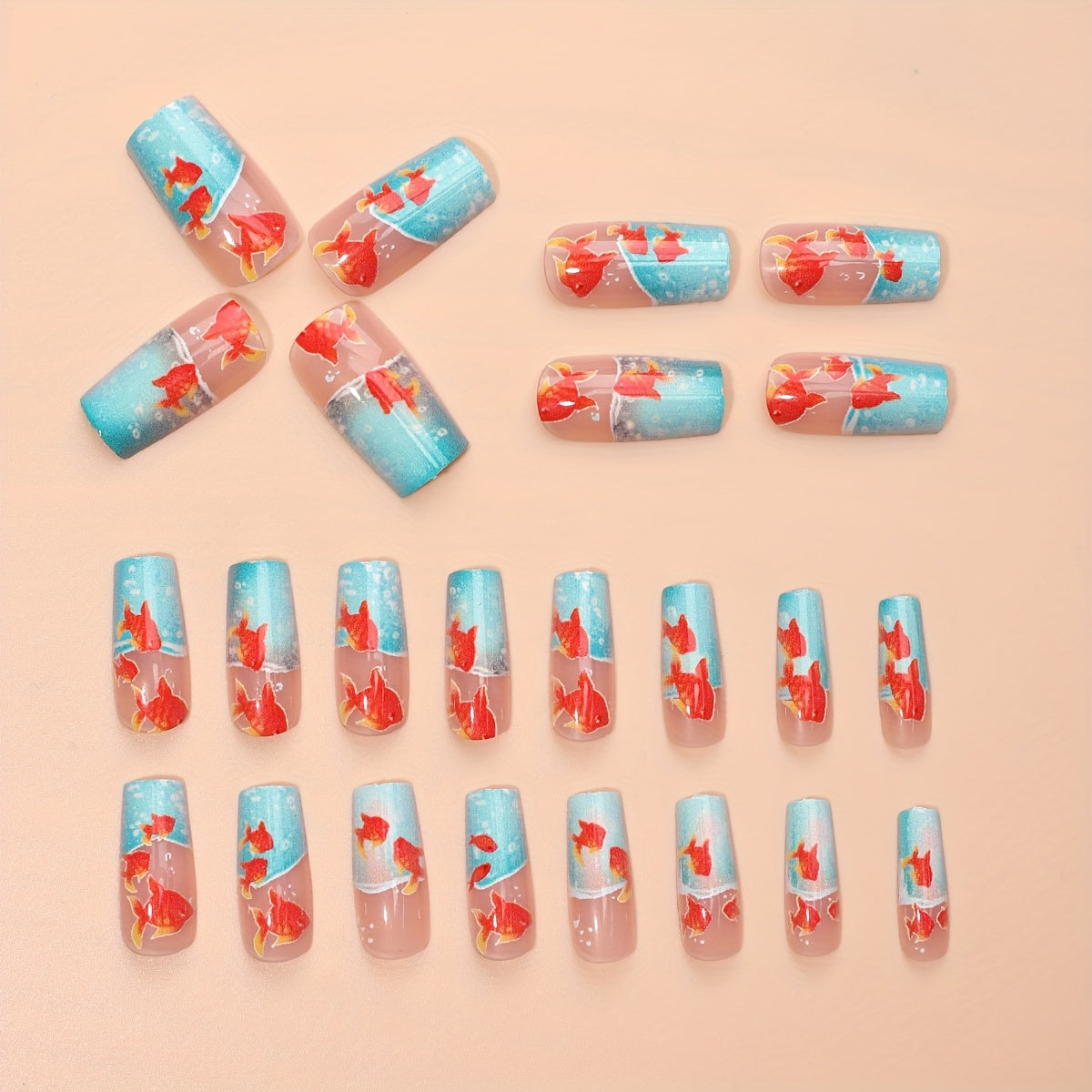 24pcs Square Medium-Length Press-On Nails - Fish Tank & Goldfish Design with Glossy Finish, Red & Teal Aquarium Theme, Includes Jelly Glue & Nail File for Easy Application, Goldfish Tank Decoration, Creative Beauty Accessory,