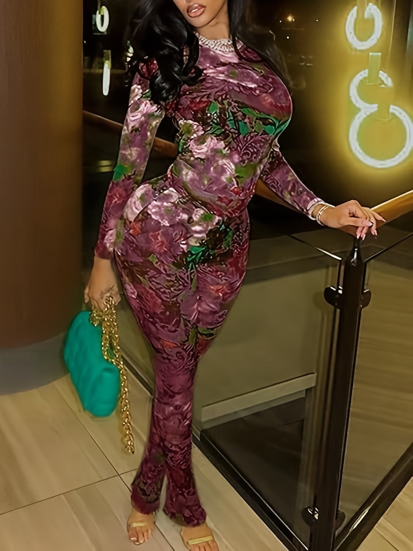Women Two Piece Set Floral Print See-Through Mesh Long Sleeve Round Neck Top and Pants Set Long Sleeve Round Neck Cropped Top and High Waist Flared Pants Set Y2K Style Suitable for Leisure, Party, Festival