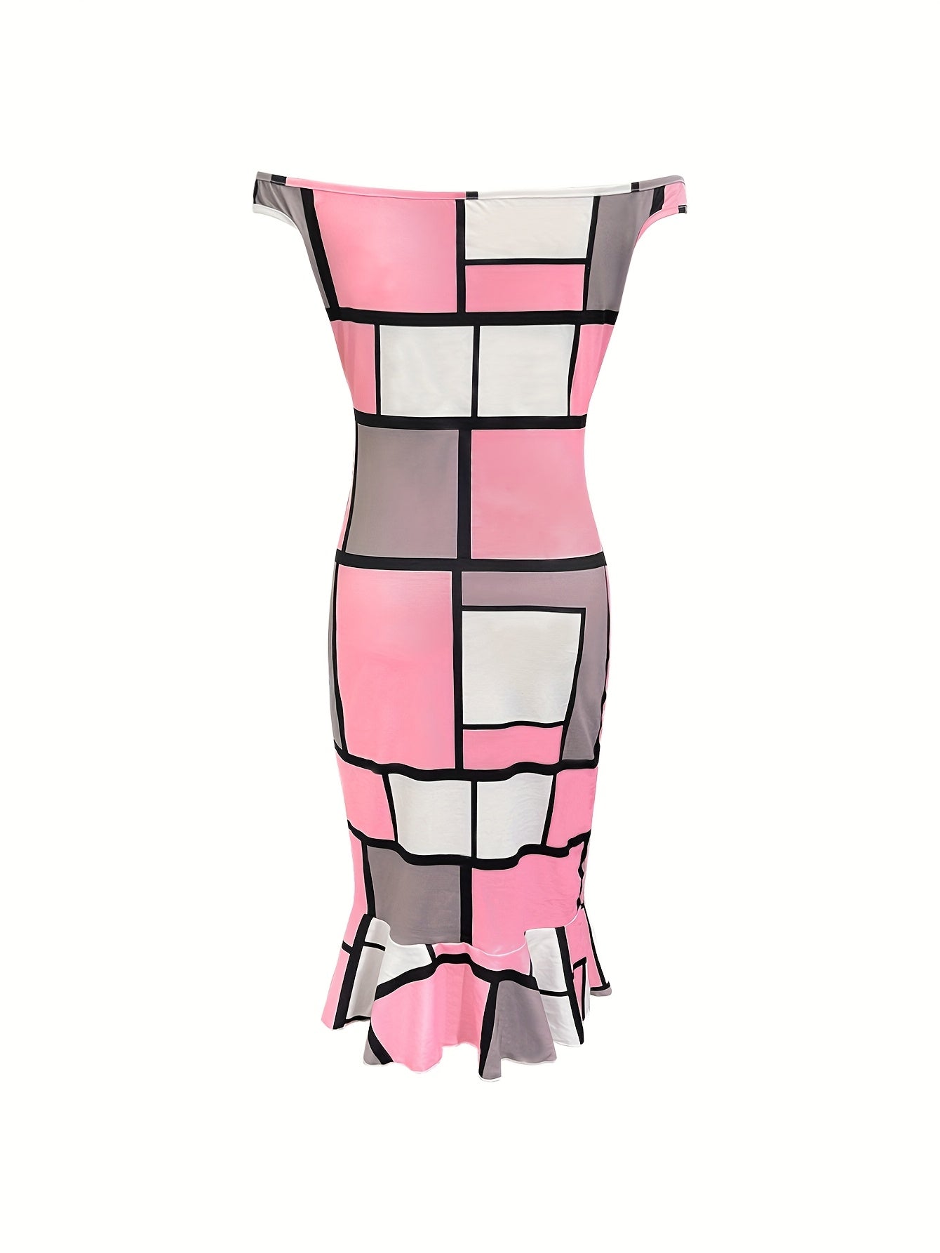 Chic Off-Shoulder Plaid Midi Dress for Women -  & Black Geometric Print, Ruffled Hem, Sleeveless A-Line Dress for Spring/Summer, Perfect for Casual or Office Wear, Spring Summer Dress | Geometric Print Dress | Polyester Fabri