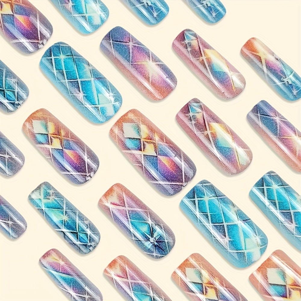 24pcs Glossy Long Coffin Press-On Nails - Pink to Blue Gradient with Stars & Pattern, French Style Reusable Fake Nails for Women and Girls