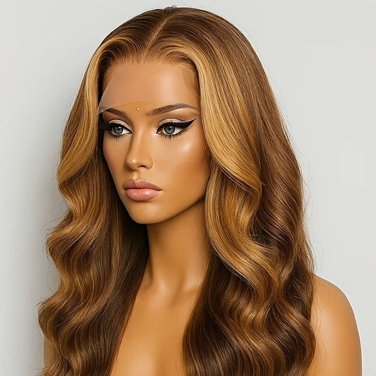 #FB30 (BGlueless Human Hair Wig with 7x5 Lace Front - Ombre Highlightalayage Blonde/Brown) Pre-Bleached Invisible Knots, 250% Density Body Wave Brown to Blonde Ombre, No Glue Needed, Instant Wear for (Lace Frontal Wigs