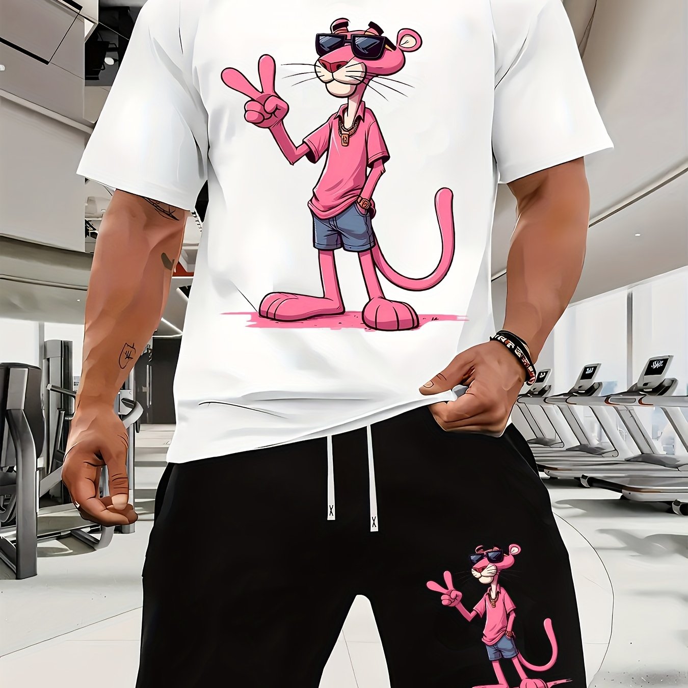 A Casual Sports Set Consisting of a Short-Sleeve T-Shirt Featuring a Stylish Pink Panther Cartoon Print And Fitted Shorts, Perfect for Spring And Summer Outfits.