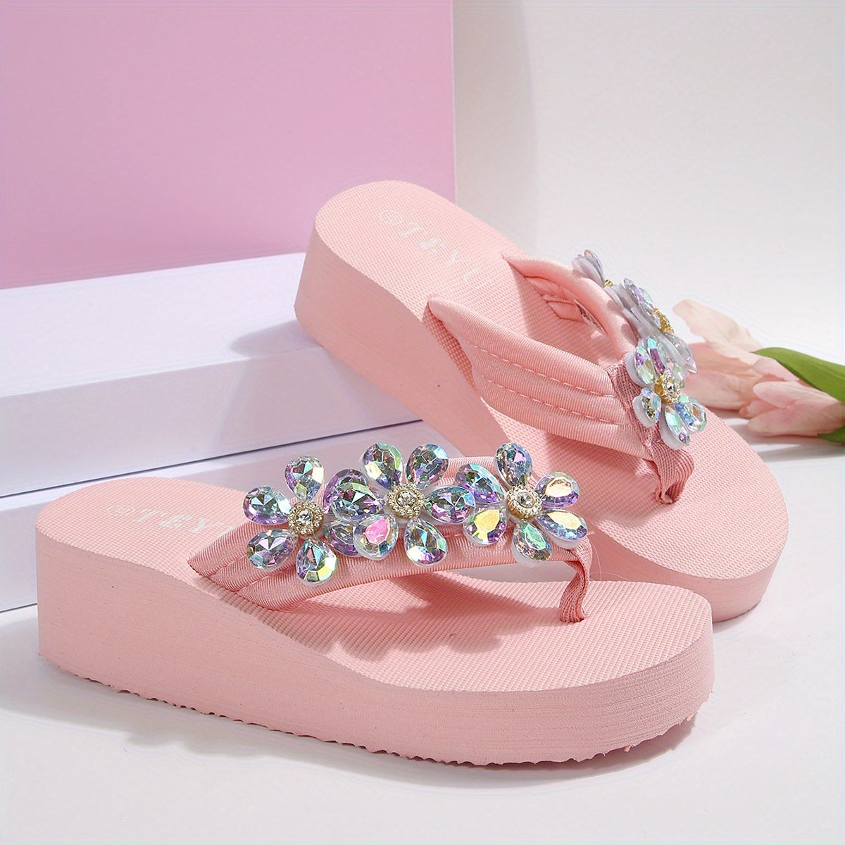 Women's Rhinestone Floral Slip-On Sandals - Thick EVA Sole Mid-Heel Slide Shoes with Elastic Ankle Strap, Lightweight Summer Beach Vacation Footwear for Casual Outings, Strappy Sandals, Glittering Shoe Design, Slipon Construc