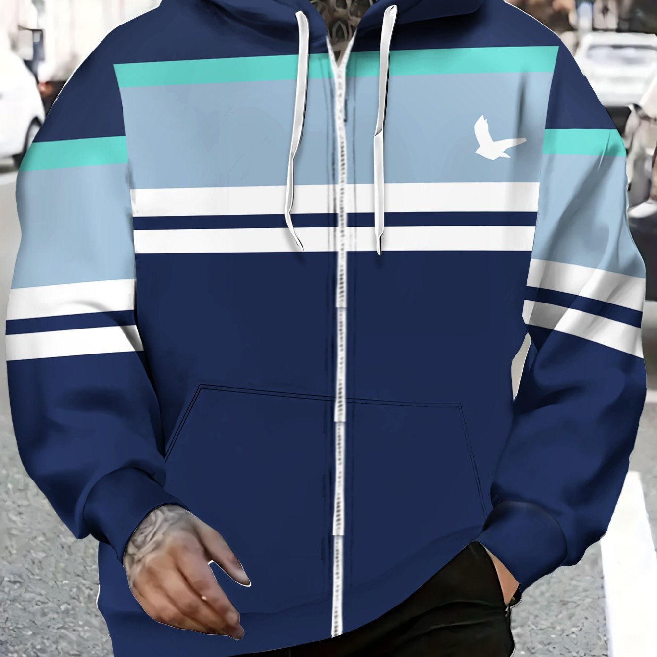 Men'S Lightweight Hoodie - Navy Blue & Aqua Stripes Zip-Up Pullover, Breathable Polyester Hooded Sweatshirt for Gym, Hiking, Casual Outfits - Athletic Casual Attire with Full-Zip Closure, Gym Hoodie, Outdoor Apparel, Sporty D