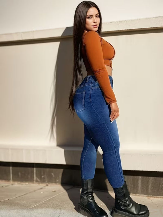 Washed Blue Plus Size Women'S Stretch Skinny Jeans | Comfort Fit with Pockets, Mid-Rise, ZipClosure, Casual Denim for All Seasons, High Stretch Fabric, Solid Color, Cropped Length, No, Oversized Fit