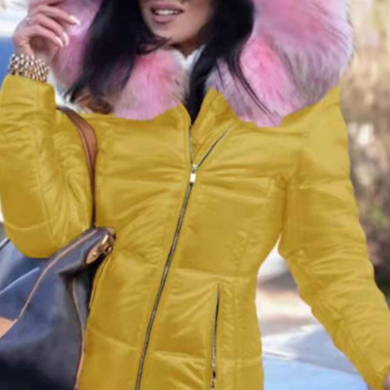 Plus Size - Plus Size - Plus Size Women'S Elegant Hooded Winter Jacket - European & American Style Warm Mid-Length Coat with Full-Zip Front Closure, Soft Pink Fur Collar & Long Sleeves, Cozy Insulated Outerwear for Fall/Winte