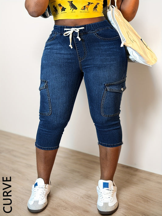 Women's Plus Size Slim-Fit Stretchy Capri Jeans - Drawstring Waist, Side Pockets, Mid-Stretch Denim, Machine Washable 3/4 Length Pants for Spring/Summer/Fall Casual Street Style, Spring Fall Attire, Stretchable Denim