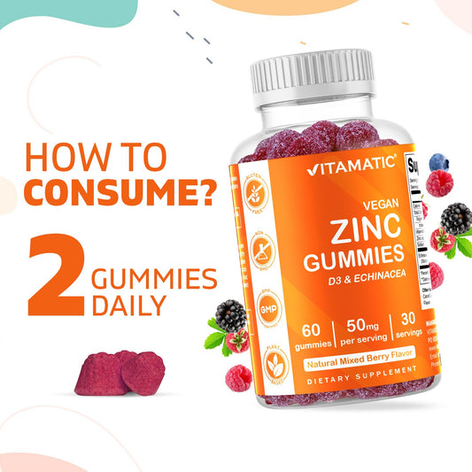 Vitamatic Zinc 50mg Gummies - 60 Vegan Gummies - Gluten Free - Healthy Immune Support for Adults, Men, Women