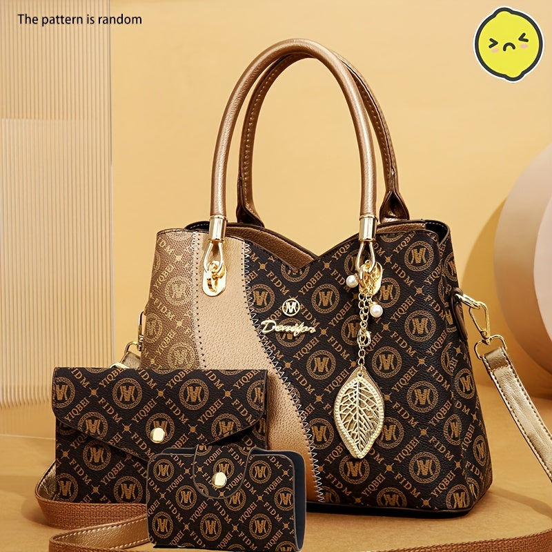 CHROSGEKEIDI Women's 2-in-1 Handbag & Crossbody Set - Coffee Brown Golden-Tone Hardware, Detachable Strap, Zipper Closure, Wallet-Like Pocket - Elegant Tote & Purse Combo for, Travel, Everyday (Luxury-Ready Matching Outfit