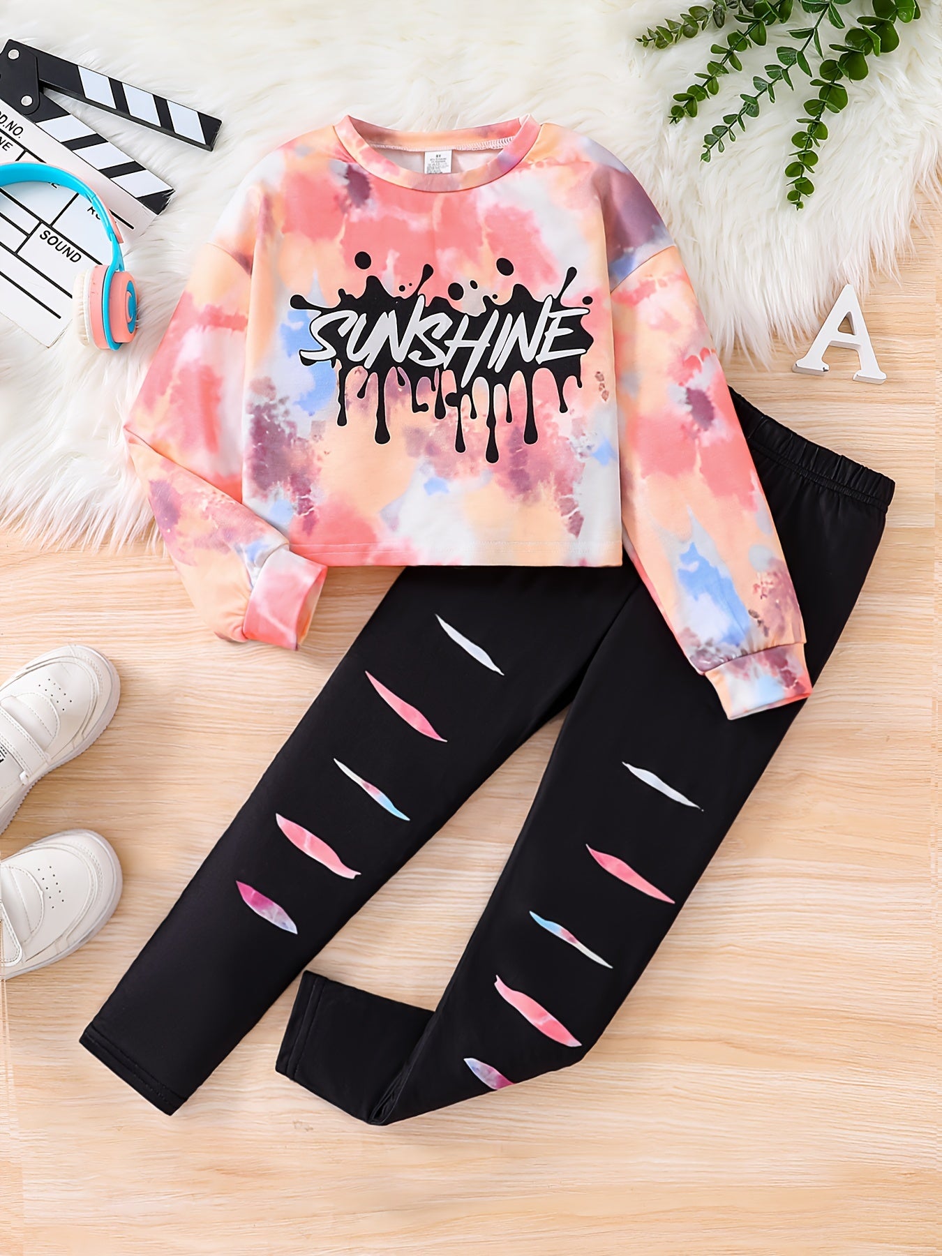 2pcs Girls' Fashionable Spring/Autumn Outfit - "SUNSHINE" Letter Print Tie-Dye Long Sleeve Top & Faux Ripped Print Elastic Waist Pants Set, Breathable Comfortable Casual Streetwear for Youngsters & Teens, Spring Fashion, Vibr