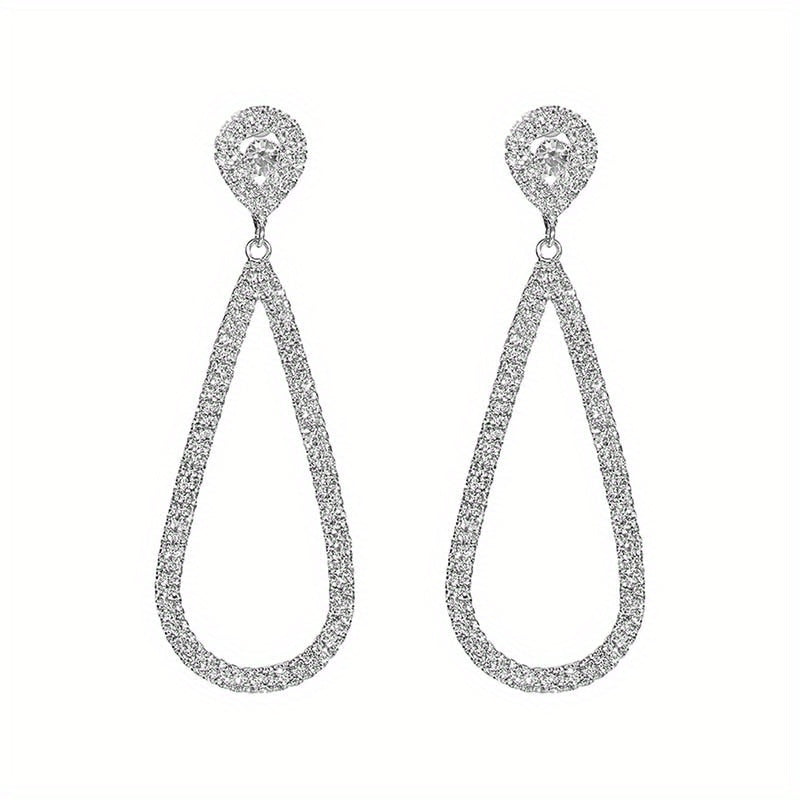 Luxurious Women Hollow Water Drop Earrings Exaggerated Silvery Sparkling Full Rhinestone Long Water Drop Earrings Fashion Accessories Luxury Long Pendant Earrings Party Wedding Engagement Anniversary Jewelry