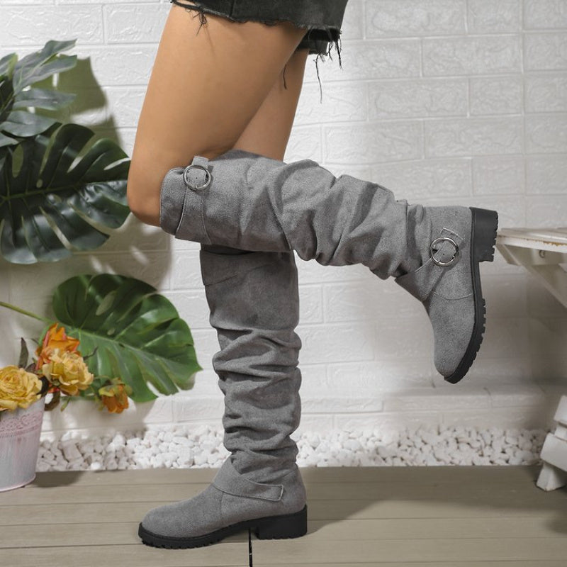 2025 Autumn Winter New Pleated Cross-border Boots | Women Belt Buckle Long Boots Over-the-Knee Slouch Boots Chunky Heel Long Boots, Rubber Upper, Sole, Round Toe, Low Block Heel