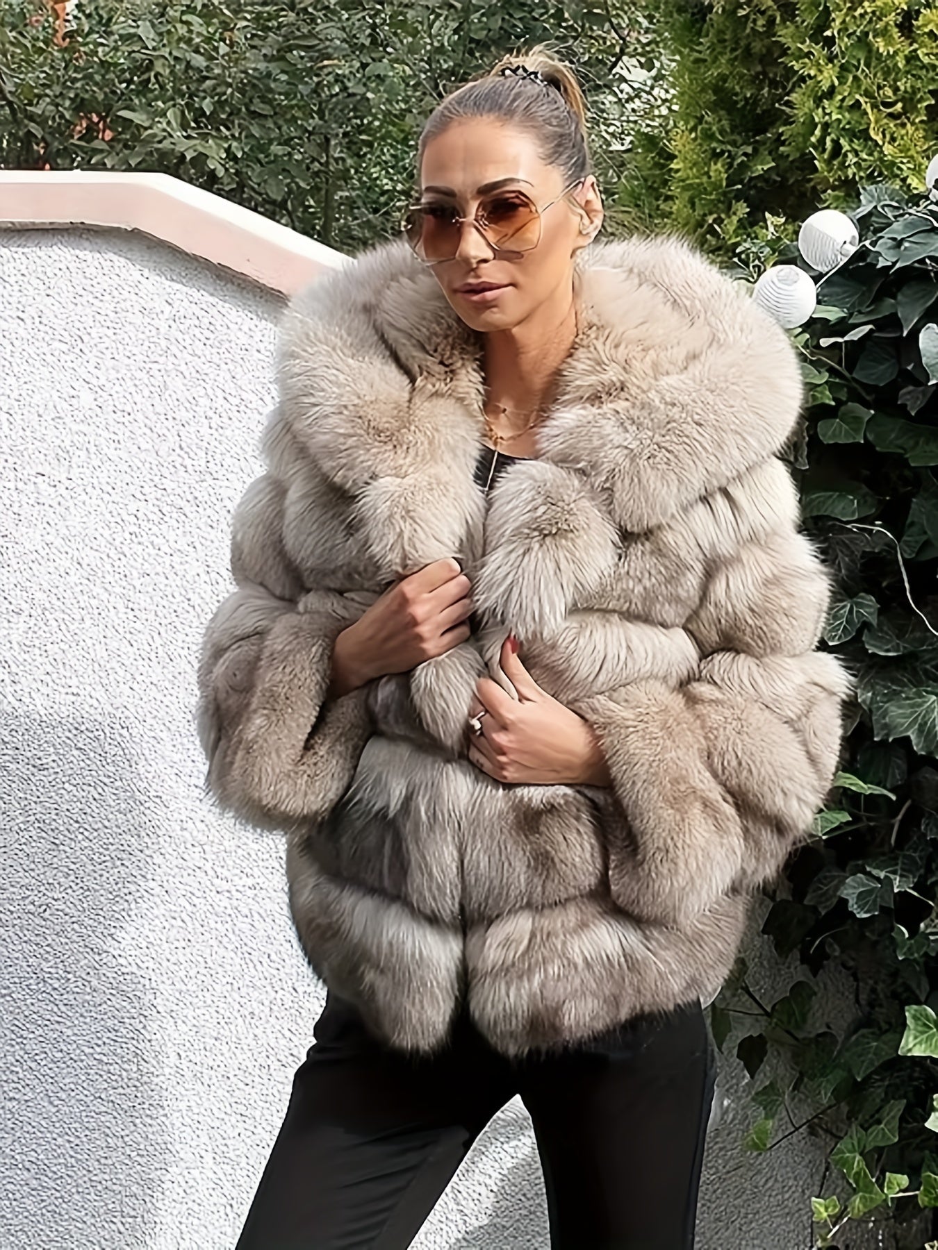 Plus Size, Women's Plus Size Oversized Hooded Faux Fox Fur Coat - Winter Warm Coat with Hood & Plush Fur Trim, Machine Washable Grey Jacket for Cold Weather, Casual Outerwear (No- Design) - Coat for Blonde Lady Picture