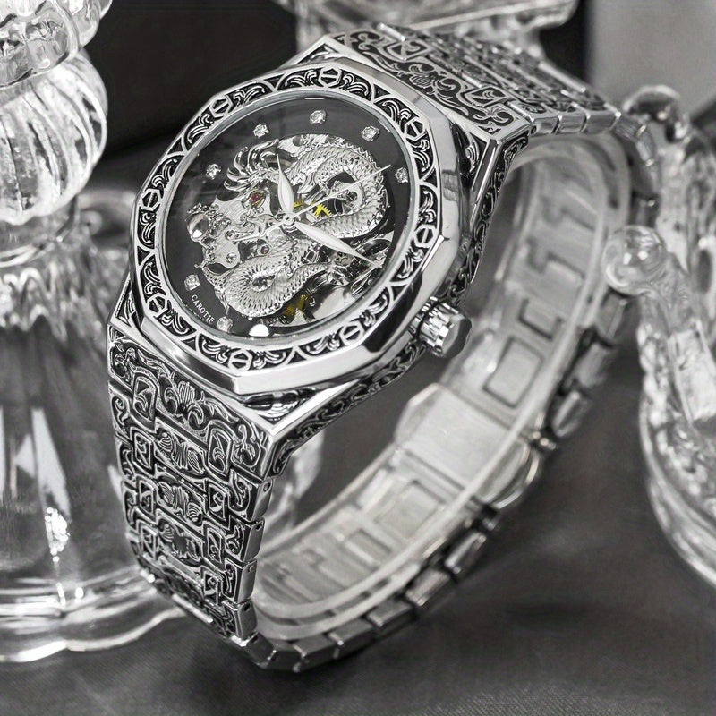 [1pc Silvery Steel Watch] 1pc Men's Silvery Steel Retro Polygonal Dragon Shape Tourbillon Automatic Hollow Mechanical Watch