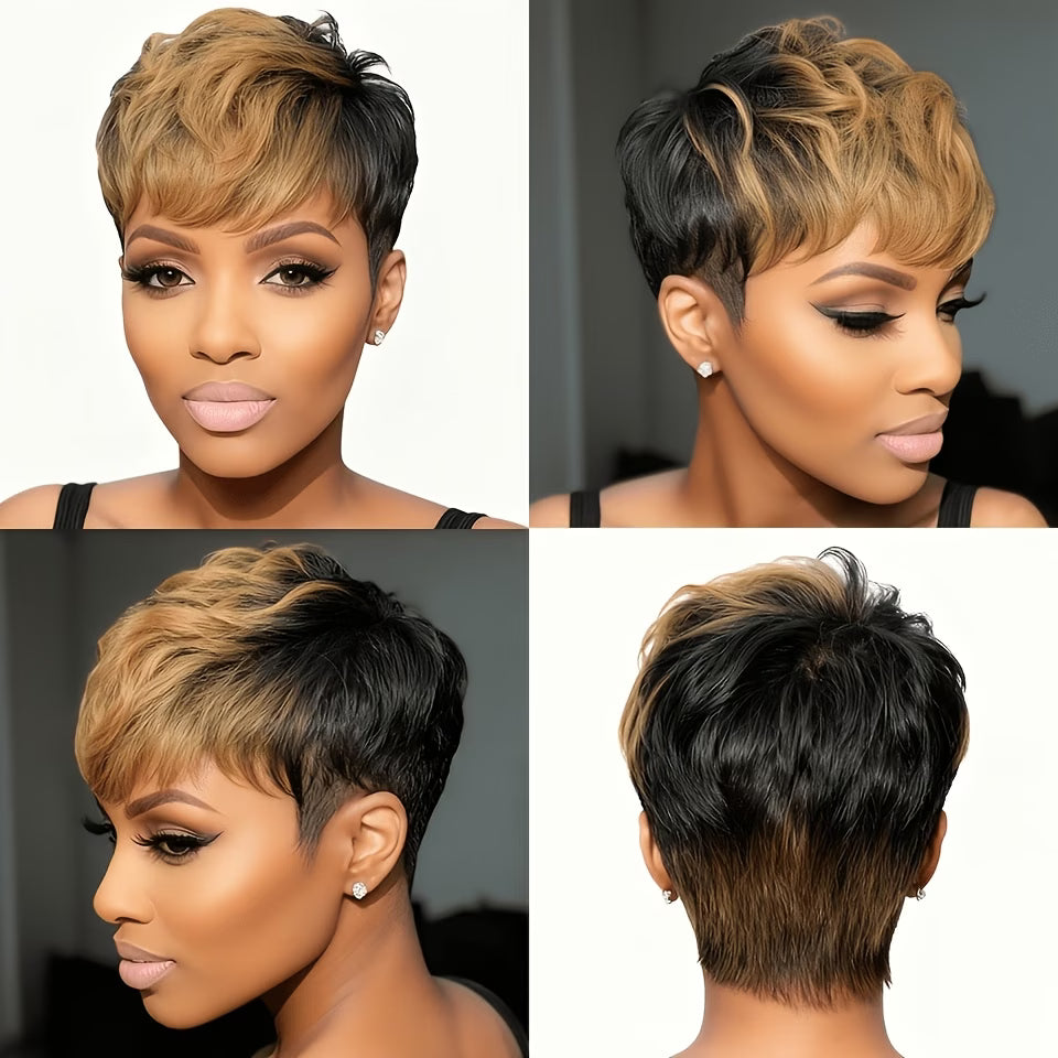 OPQHAIR  Layered Short Straight Pixie Wig for Women Featuring Bangs, Made from 1B/30# Blonde Remy Peruvian Hair.