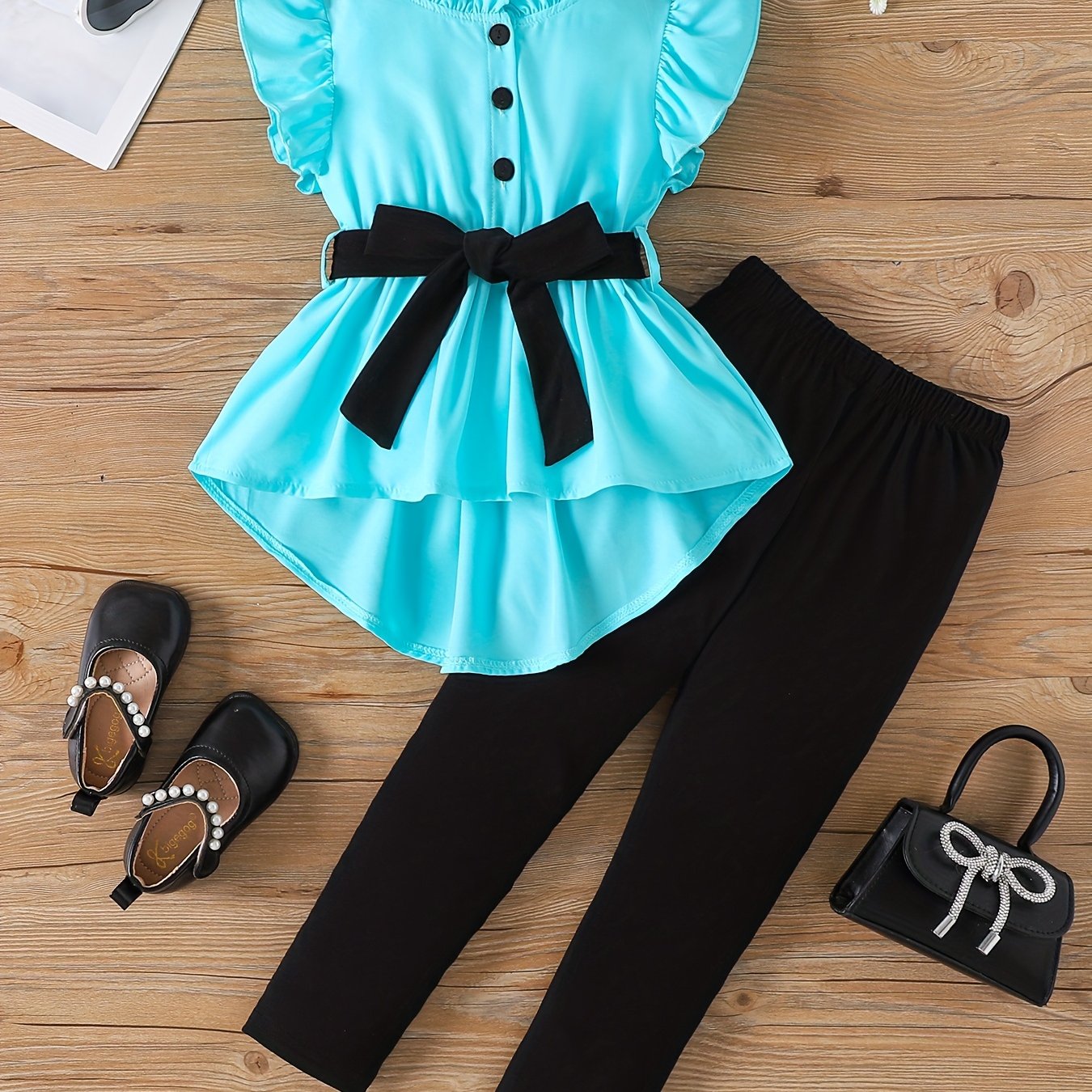 Outdoor Two-Piece Set for Girls, Fashionable Spring/Summer Contrast Belt Flutter Sleeve Half Cardigan with Tie-Waist and Peplum Backless Top + Long Pants, Perfect for Outdoor