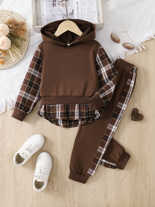 2pcs Girls' Plaid Hooded Sweatshirt & Straight-Leg Pants Set - Brown & Checkered Long Sleeve Outfit, Elastic Waistband, Casual Spring/Fall Playwear with Pockets, Cute Sweatshirts, for Outdoor