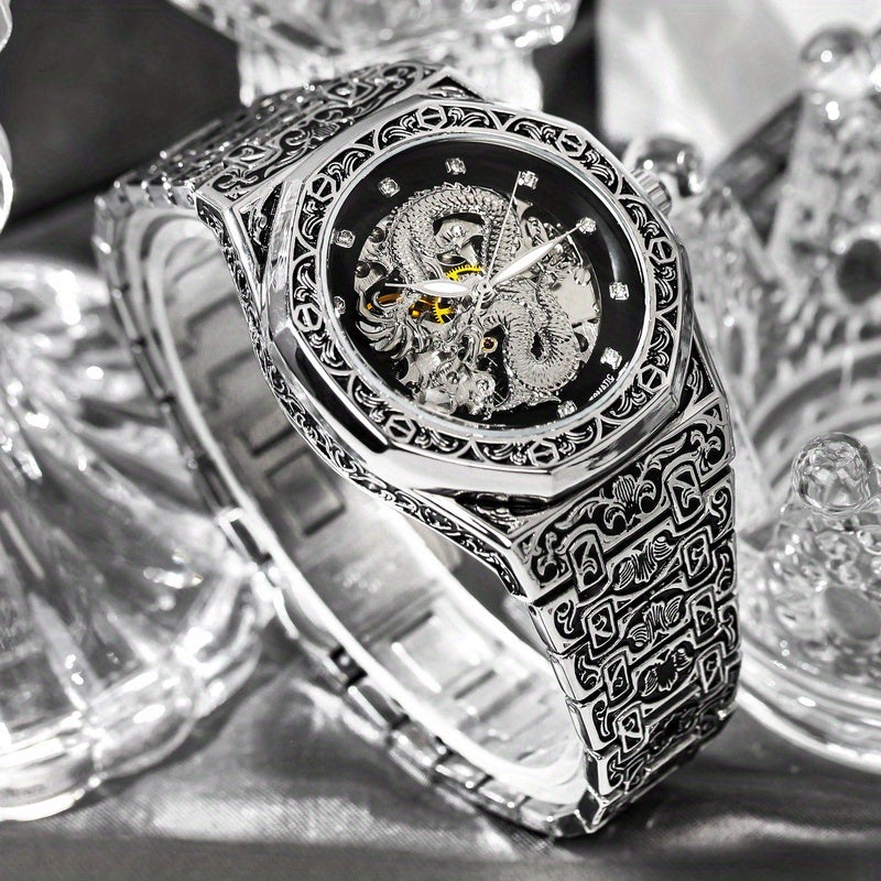 [1pc Silvery Steel Watch] 1pc Men's Silvery Steel Retro Polygonal Dragon Shape Tourbillon Automatic Hollow Mechanical Watch