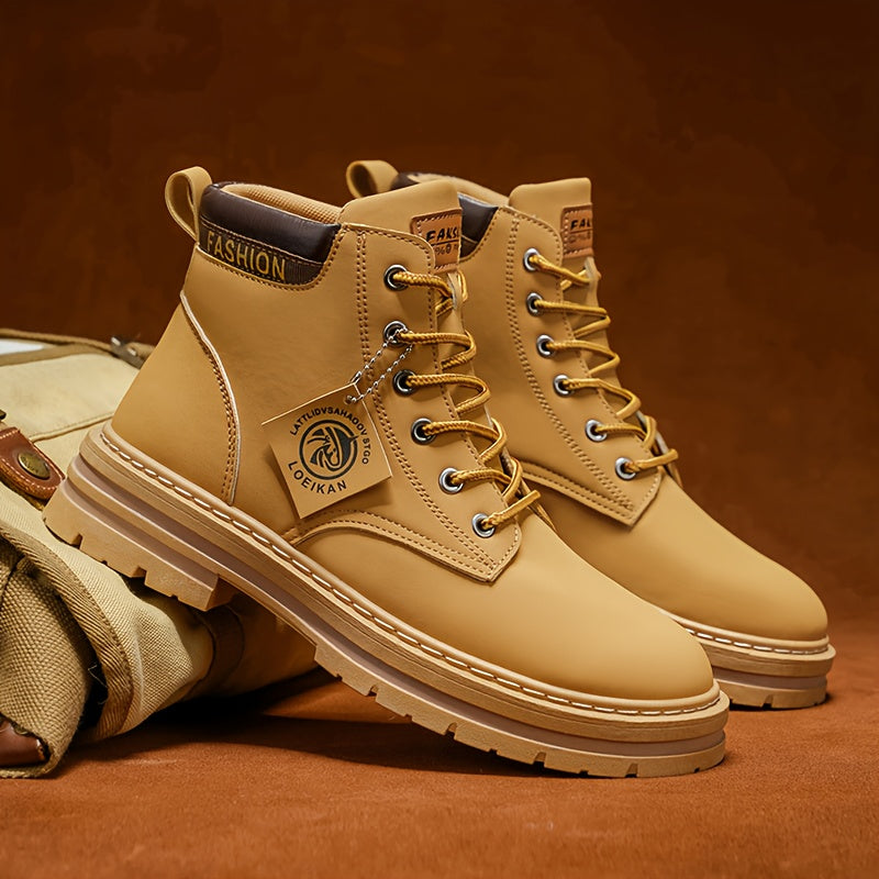 [Heavy-Duty Work Boots] Men's Heavy-Duty Work Boots - All-Terrain Non-Slip PVC Sole, Lace-Up Ankle Support Boots for Construction, Hiking, Outdoor - Cushioned Insole & Easy-Clean Synthetic - All-Season Industrial & Casual Sho