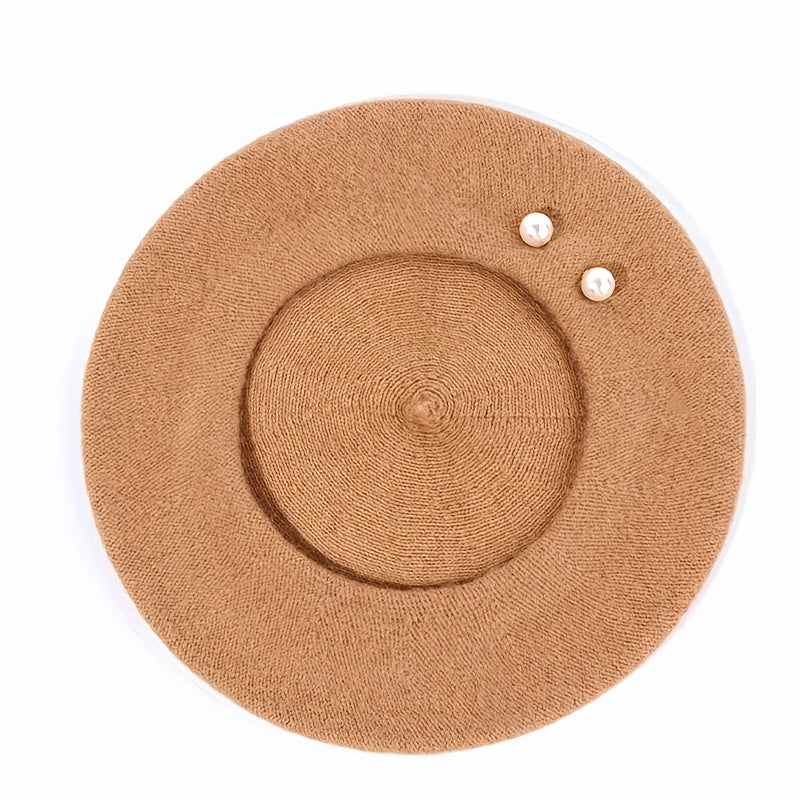 1pc Women's Polyester Beret with Artificial Pearl Accents - Elastic Fit, Lightweight Knitted Painter Hat for Valentine's Day, Versatile Daily Wear Accessory, Commuting Accessory | Artificial Pearl Detail | Polyester Fiber Hat