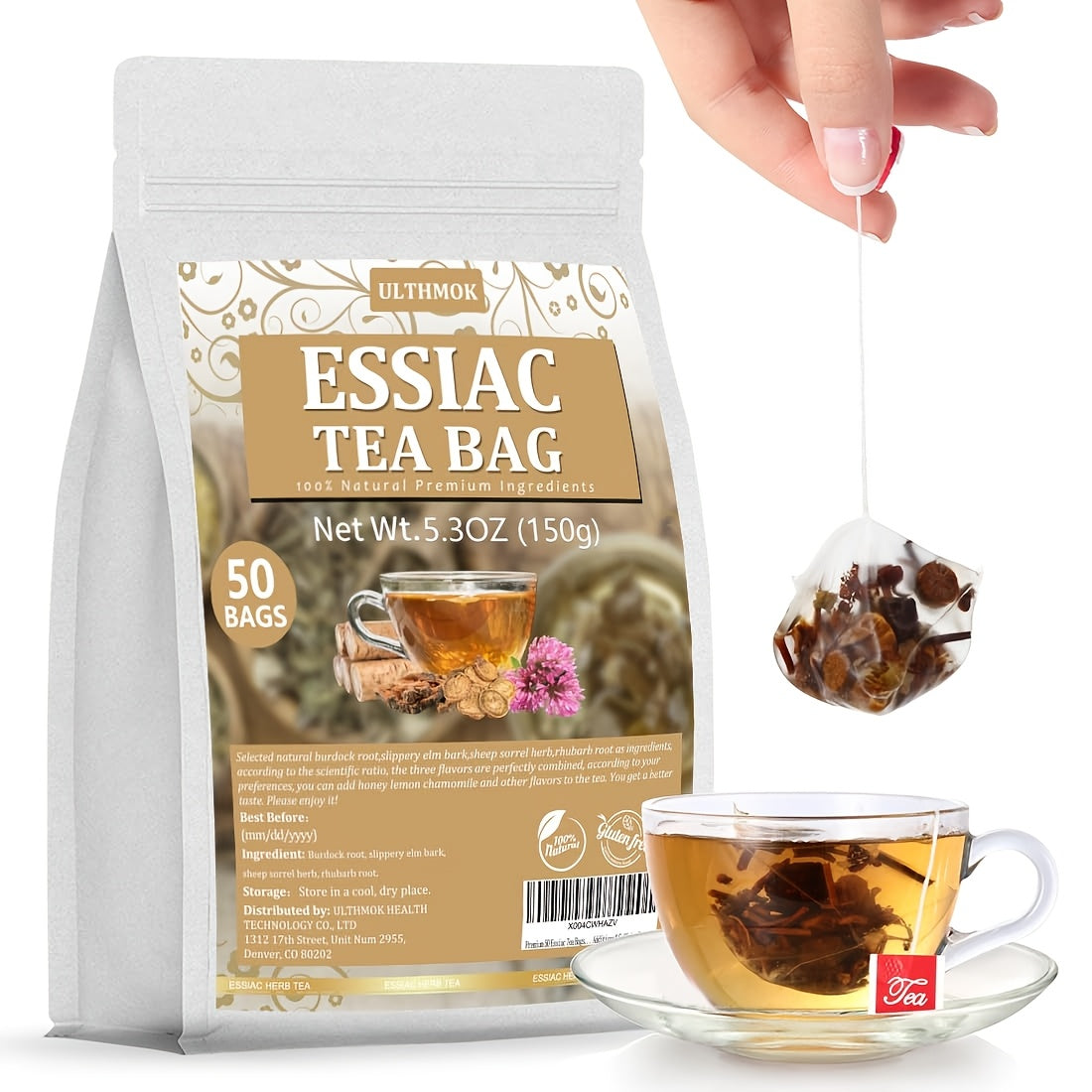 Premium 50 Nurse Tea Tea Bags, Burdock Root, Elm Bark, Rhubarb Root, and Plantain Mixed Vitality Tea, No Additives or Caffeine, Suitable for Mental and Soul Health