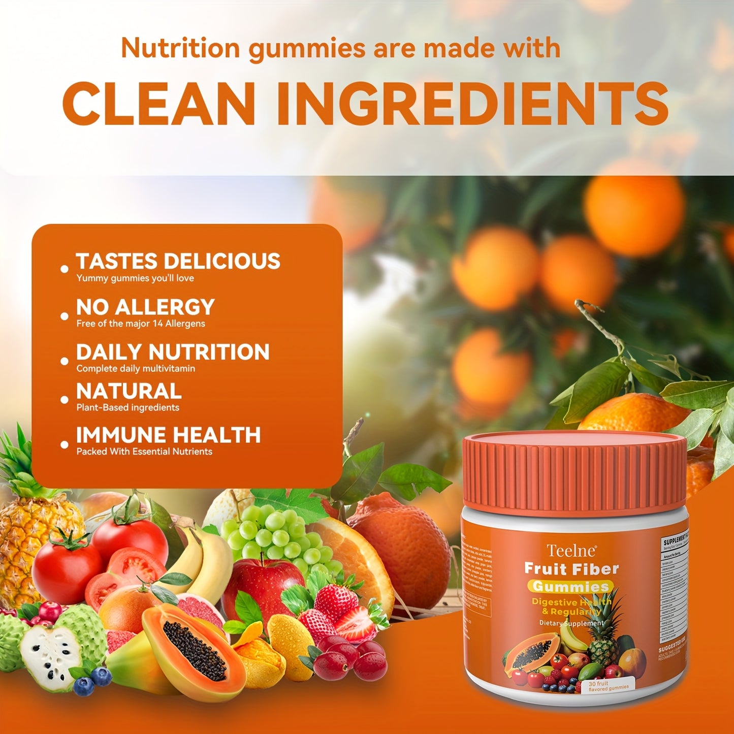 Teelne Fruit Fiber Gummies for Digestive Health & Detox - 30ct, 3g Each, Prebiotic Fiber with Apple & Citrus Bioflavonoids, Allergen-Friendly, Supports Regularity & Immune Function, Gut Health Support | Gummy Supplement | All