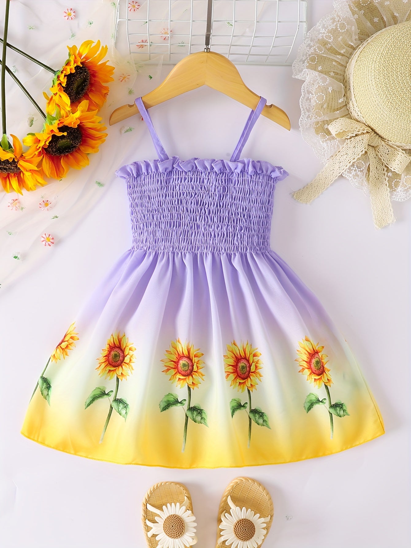 [Sunflower | Girls] Gradient Color Sunflower Princess Dress | Toddler Girls Shirred Cami Frill Trim | For Party Beach Vacation Kids Summer Clothes 4th Of July Outfit