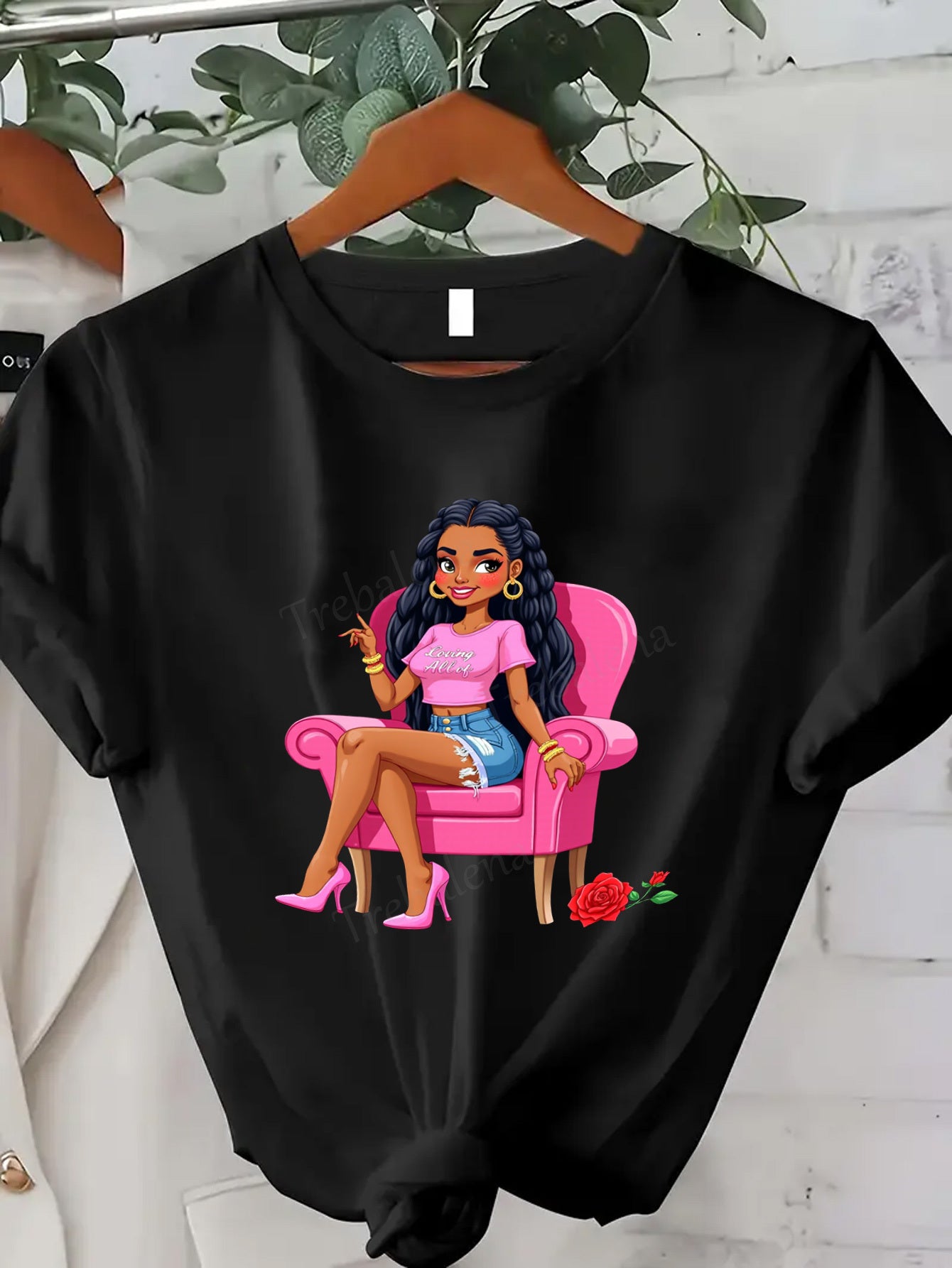 Plus Size, Trebalena Women's Plus Size Graphic T-Shirt - Sexy Curvy Lady in Pink Chair with Roses, Soft Breathable 100% Cotton Casual Everyday & Party Outfit - Perfect Halloween, Christmas, Birthday Gifts for Women - Non-See
