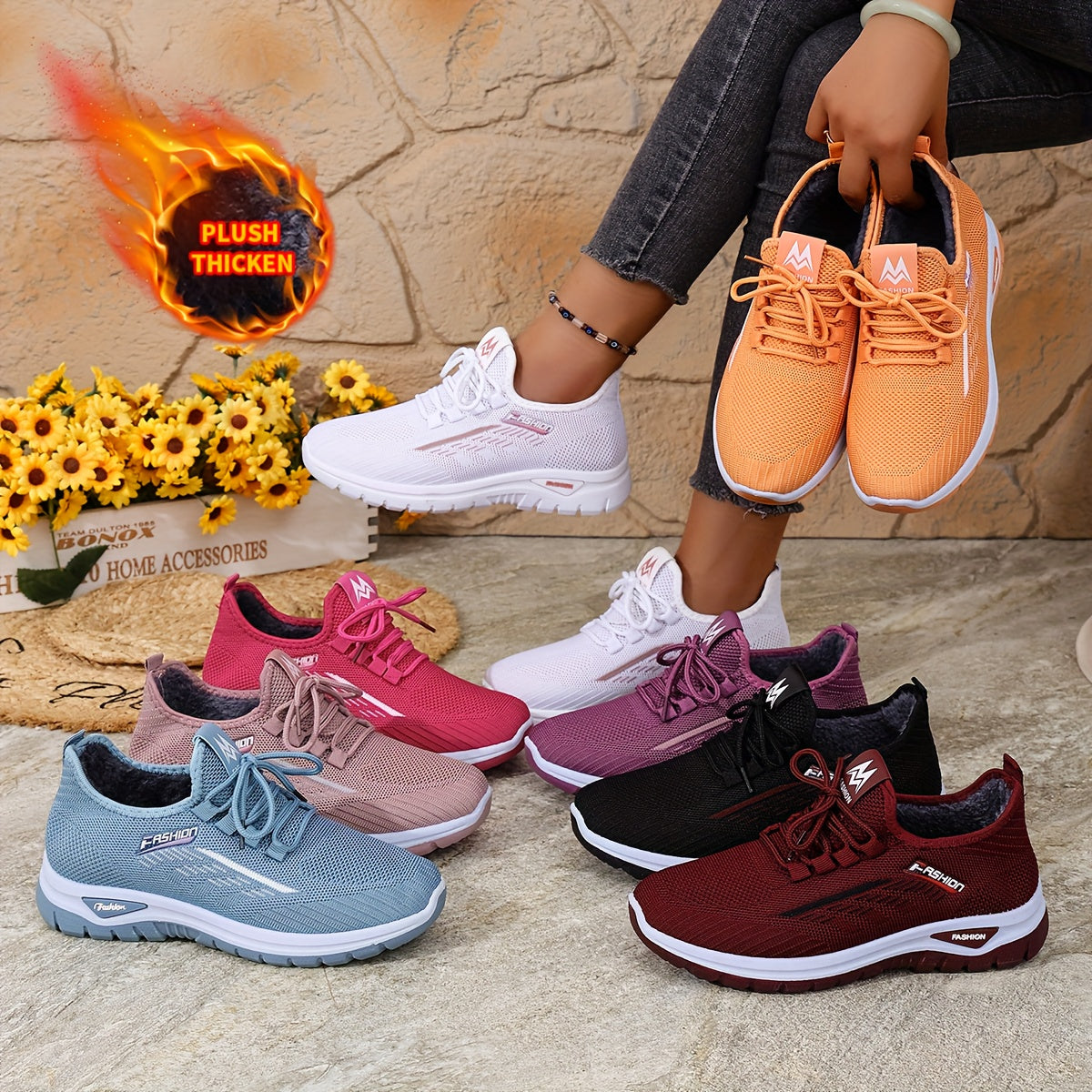 [Autumn And Winter ]Orange Fleece-Lined Warm Shoes, Thickened Cushioning Shoes Exclusive for Winter, Orange And Purple Spliced Lace-Up Trendy Warm Sports Shoes, White Casual Shoes, Shoes For Women/elegant Shoes For Women, Sea