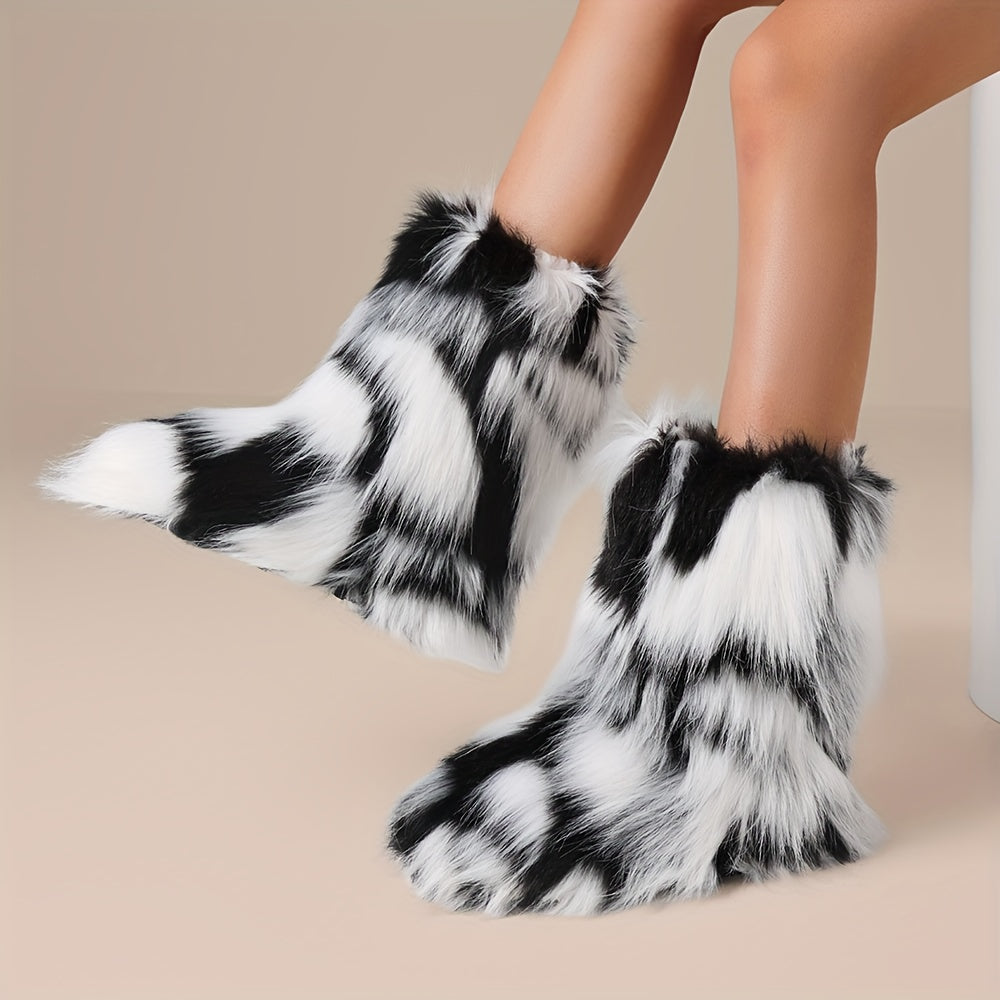 [Ultra-Cozy Paw Boots] Ultra-Cozy Women's Slip-On Animal Paw Boots | Non-Slip Rubber Sole, Brown & Black Faux Fur-like Plush Boots for Cold Weather Indoor/Outdoor - Cute Faux Fur Paw Slipper Boots Gift for Women, Furry Boots,