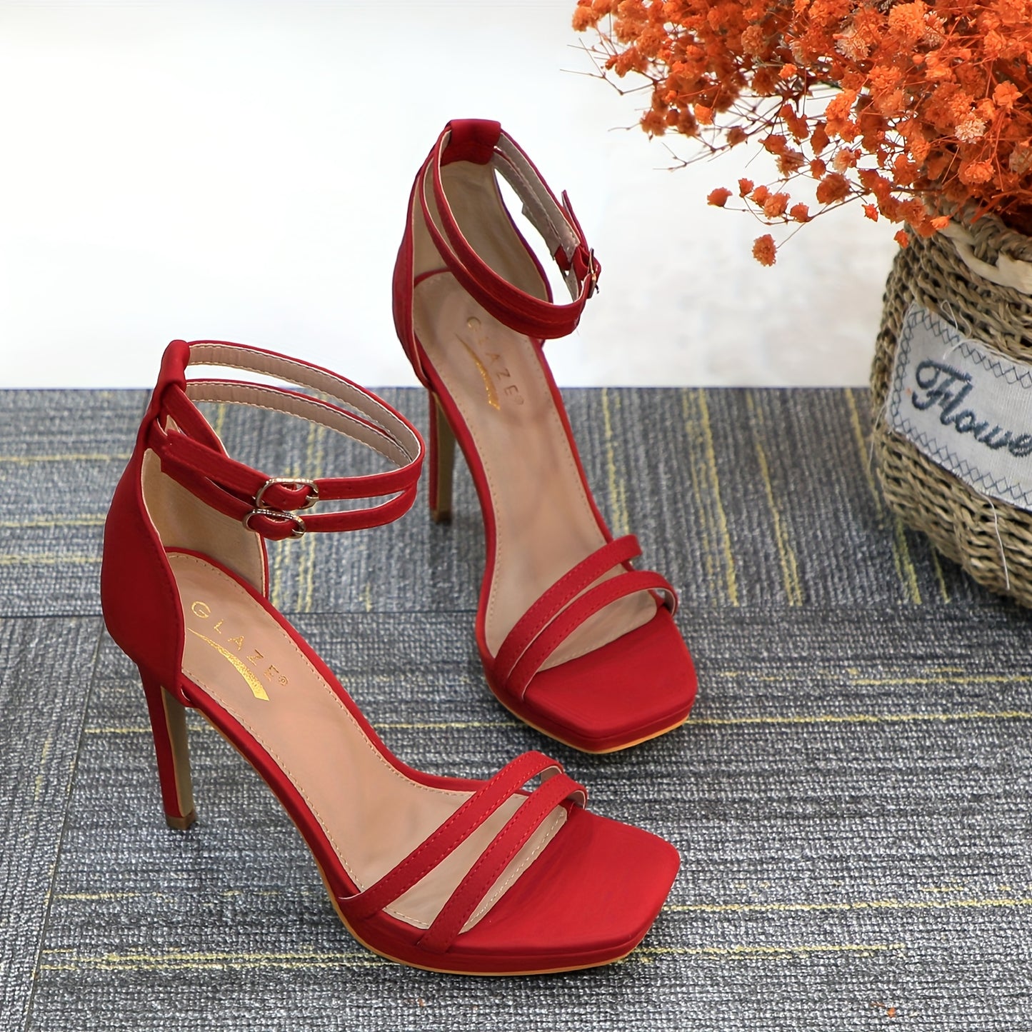[Red Stiletto Sandals] Ultra-Fine 4.3" High Heel Women's Red Stiletto Sandals | Square Open Toe | Ankle Strap with Buckle Closure | Microfiber Synthetic Cover | Ideal for Prom, Wedding & Bridal Events, Wedding Shoes for Bride