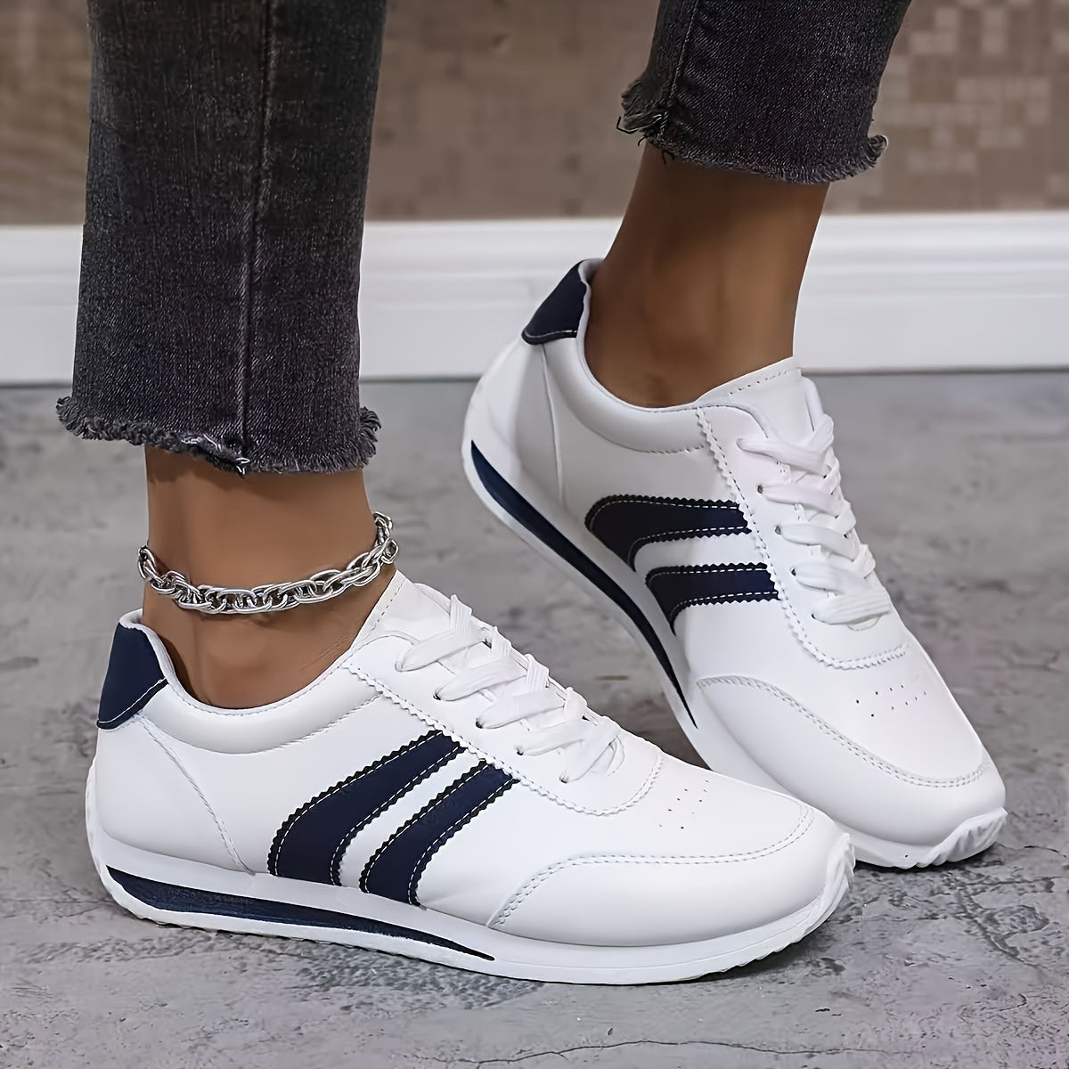 Women's White & Navy Blue Low-Top Sneakers - Soft Cushioned Sole, PU Cover Upper, Lace-Up Round Toe - All-Season Comfortable Walking Shoes (Wide Widths Available) - Casual & Sneakers for, Casual Attire, Shoes For Women, Train
