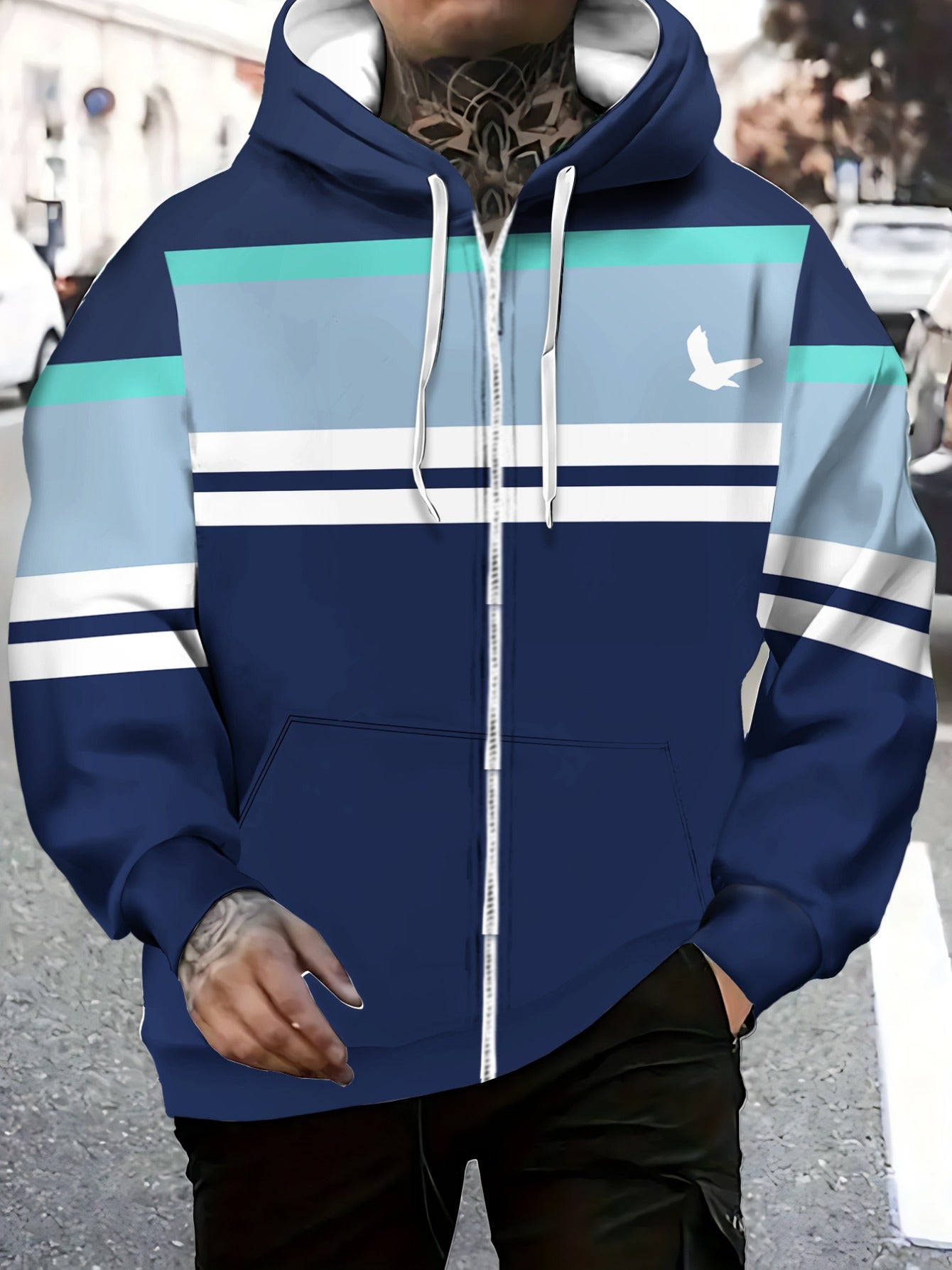 Men'S Lightweight Hoodie - Navy Blue & Aqua Stripes Zip-Up Pullover, Breathable Polyester Hooded Sweatshirt for Gym, Hiking, Casual Outfits - Athletic Casual Attire with Full-Zip Closure, Gym Hoodie, Outdoor Apparel, Sporty D