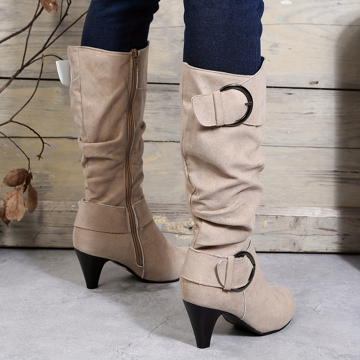 Women'S Beige Faux Cover Ankle Boots with Buckle Straps & Side Zipper - 2.76inch Chunky Heel, Round Toe Comfort for Fall, Versatile for Casual & Formal Outfits, High Heel Boots, Versatile Ankle Boots, Sleek Boot Design, Fabri