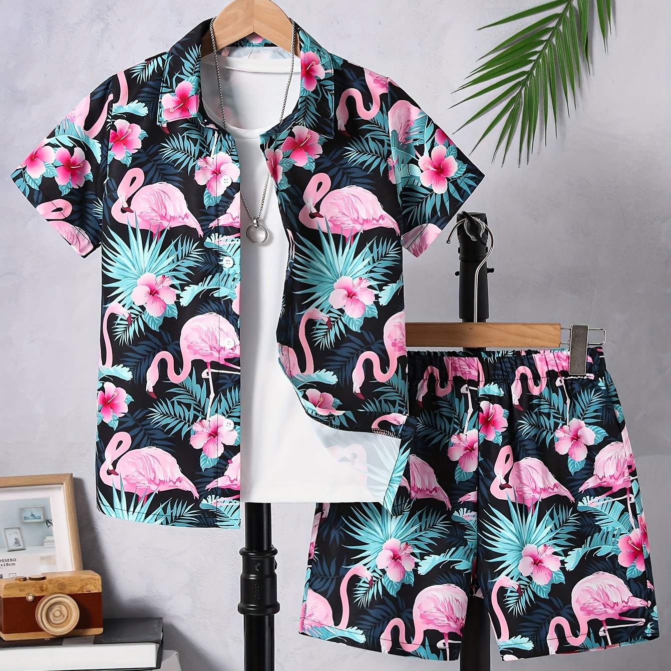 2pcs (Set) Boys Flamingo Print Short-Sleeved Lapel Shirt And Shorts Set, Comfortable Summer Boys Daily And Outdoor Wear, for Outdoor, Perfect for Outdoor