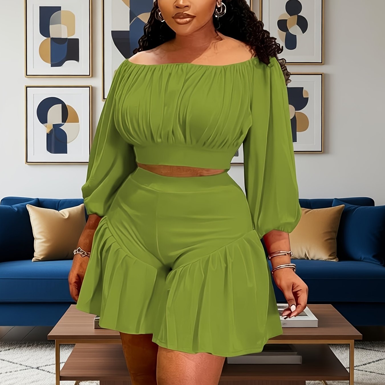 Plus Size - Plus Size - New Fluffy Waist-Cinching Casual Two-Piece Set with Pleated One Neck Design