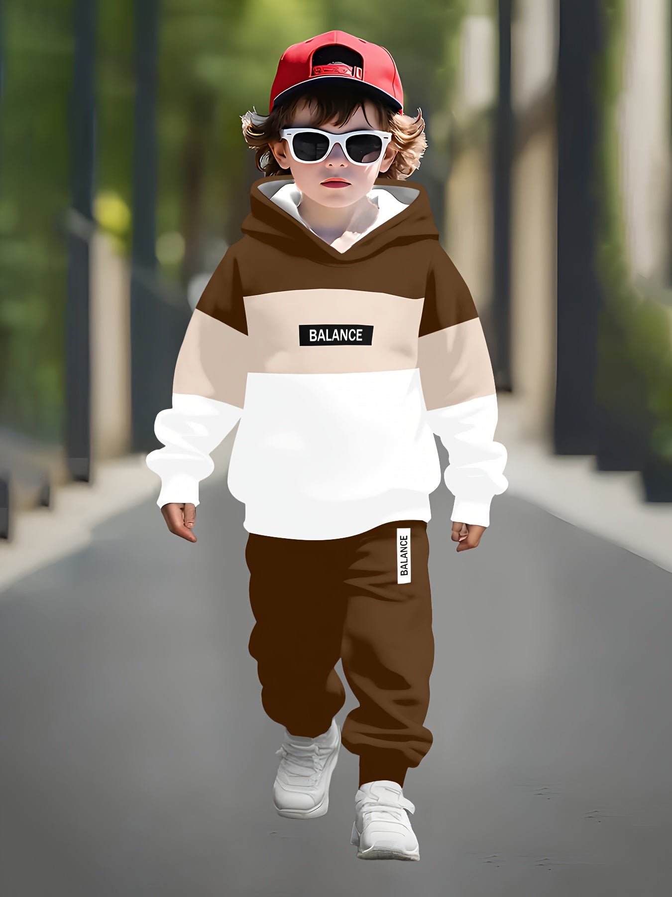 Boys' 3D Print Hoodie & Sweatpants Set - Casual Long Sleeve Pullover with "BALANCE" Graphic, Brown & White Striped Design, Elastic Waistband, Perfect for Spring/Fall Outdoor Play, Boy Hoodie, Playful Graphic Hoodie, Comfortab