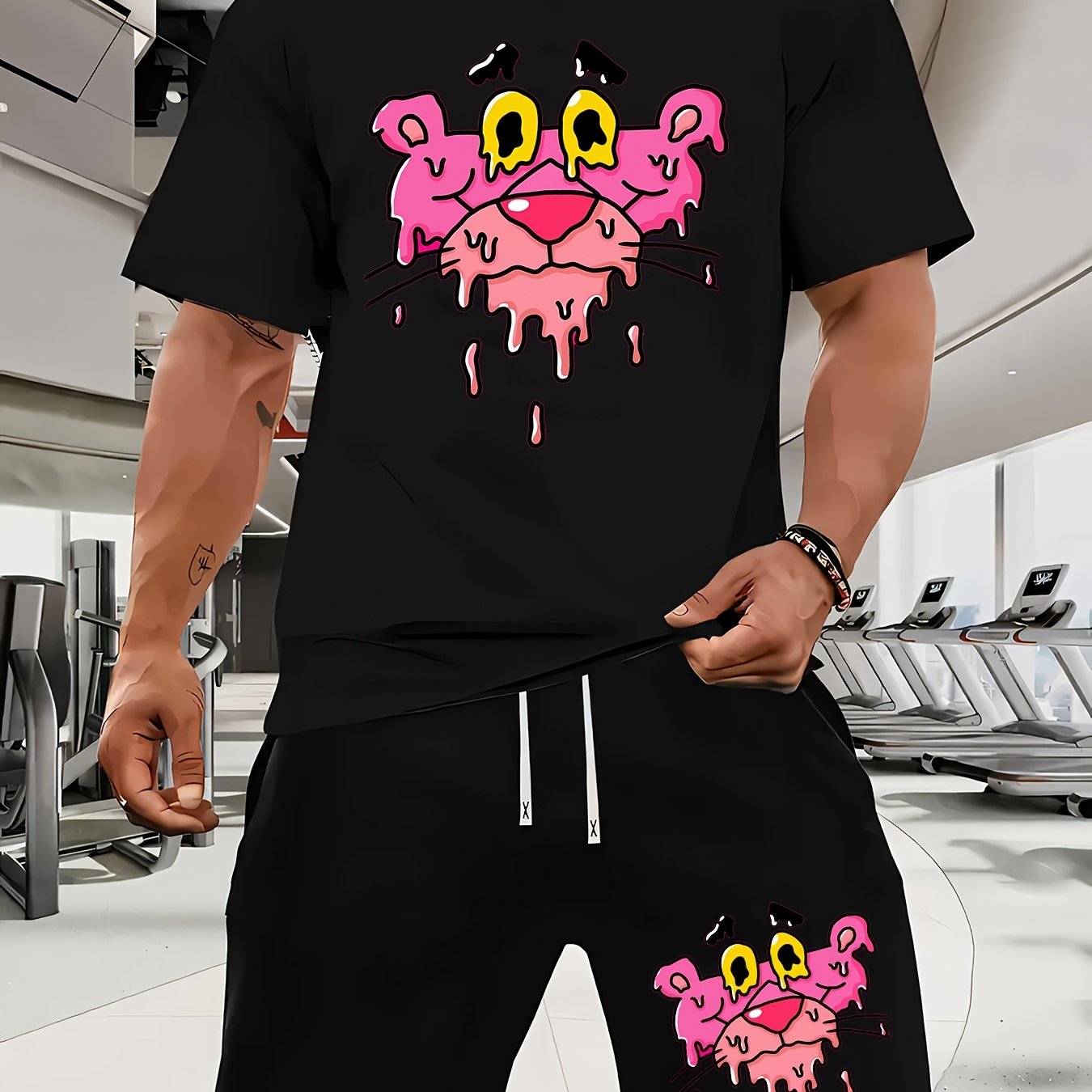 Men'S Short-Sleeved T-Shirt And Waist-Tightening Shorts Set with Trendy Pink Leopard Image Print, Casual Sports Regular Top And Pants Suit, Suitable for Spring And Summer Matching