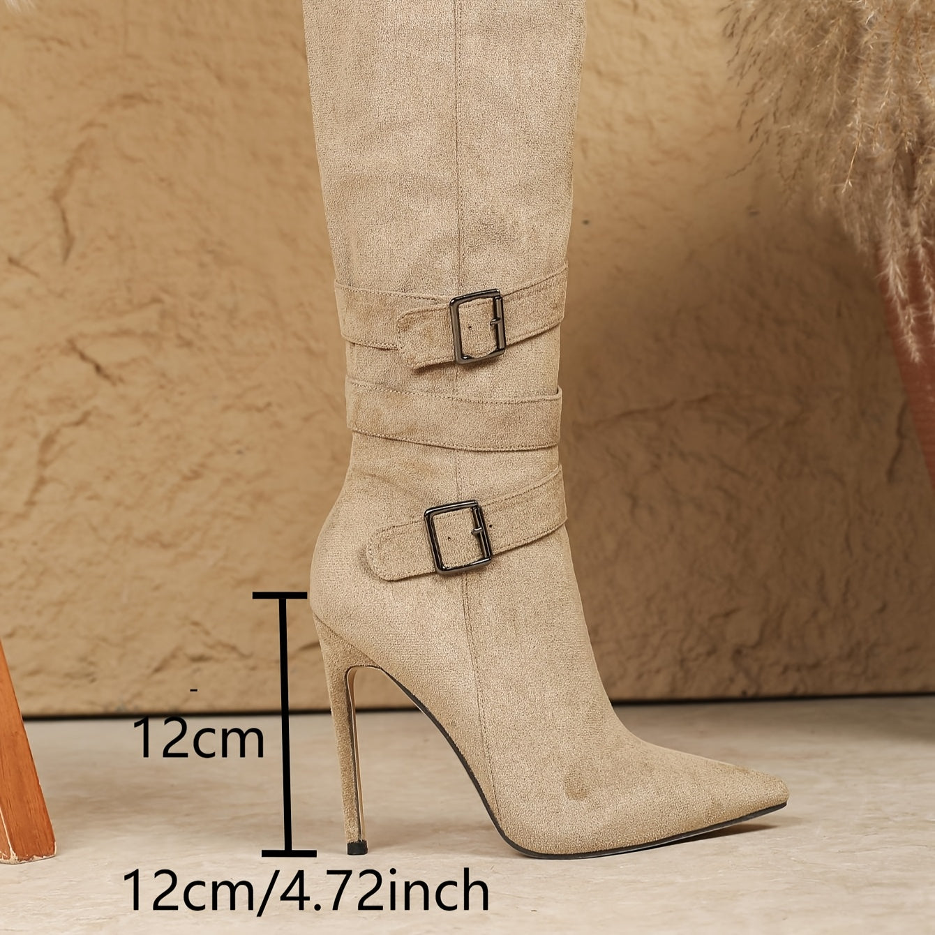 Women's Pointed Toe Stiletto Heel Knee-High Boots with Adjustable Buckle Straps & Side Zipper - Elegant Beige Cover-Like Fabric Boots for Versatile Casual to Formal Wear, Stylish Over-The-Knee Footwear, Sleek Fabric Construct